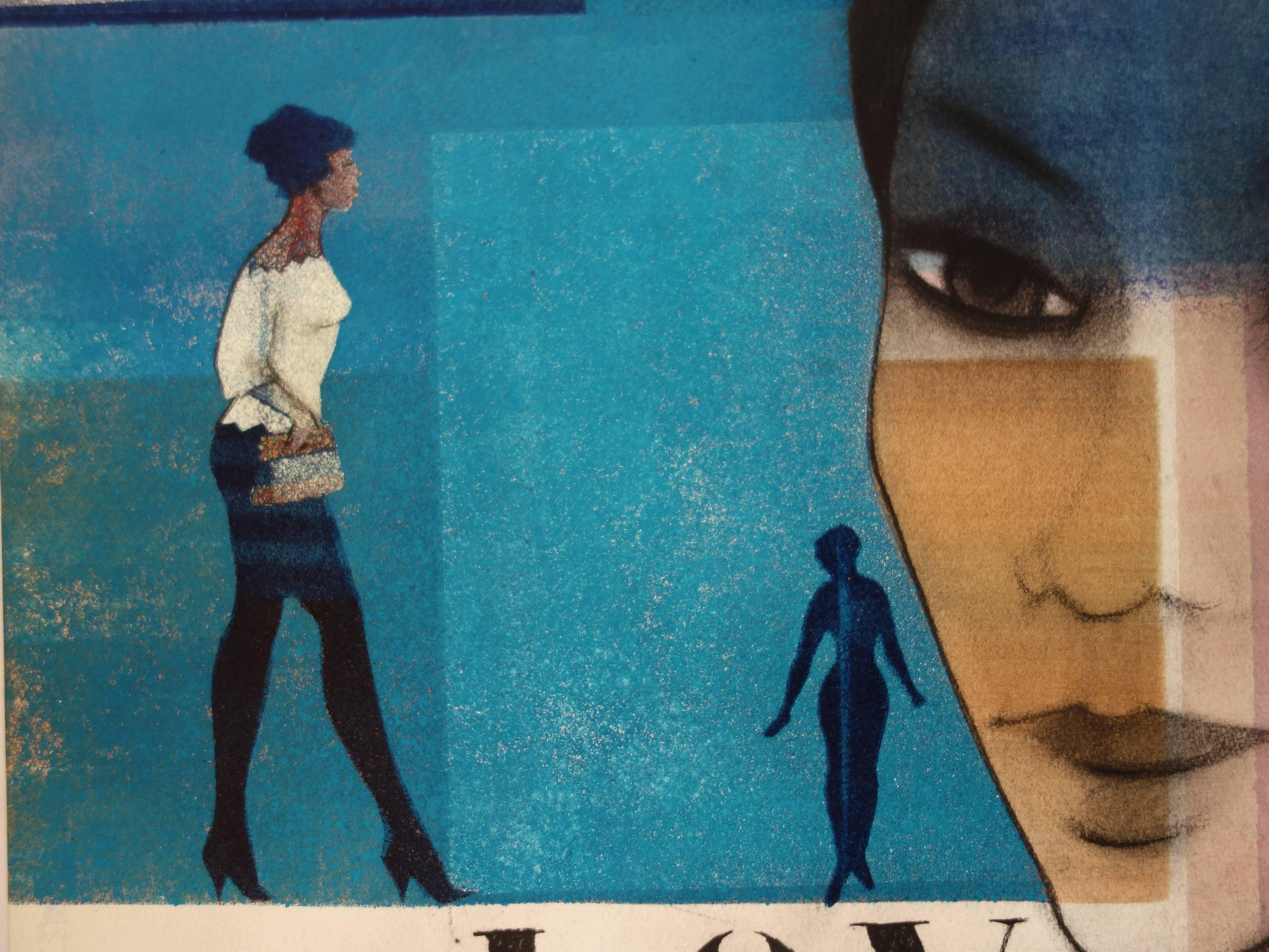 LOVE (Frau in Blau) - Original signiertes Aquarell - 1993 im Angebot 2