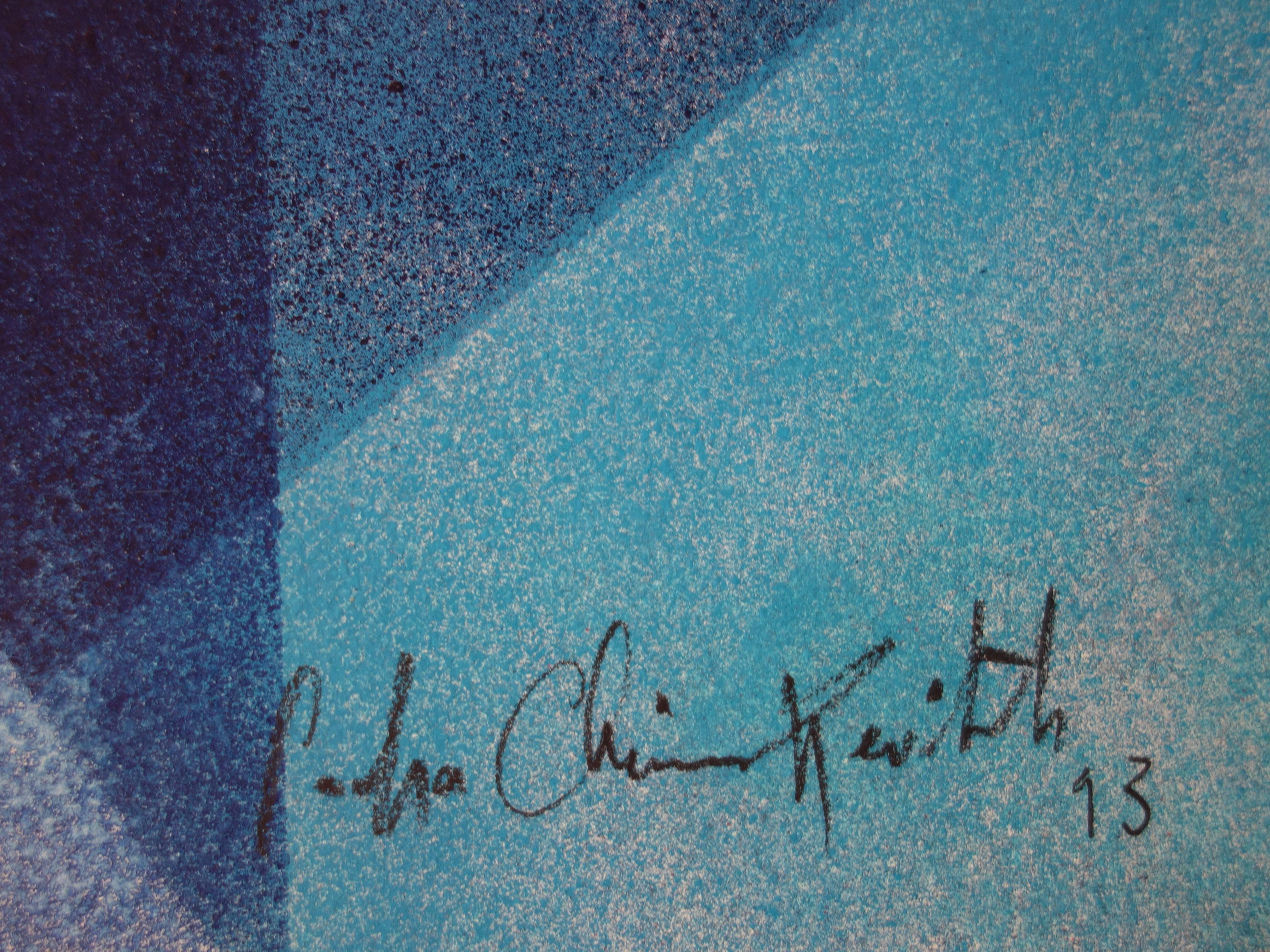 LOVE (Frau in Blau) - Original signiertes Aquarell - 1993 – Art von Sacha Chimkevitch
