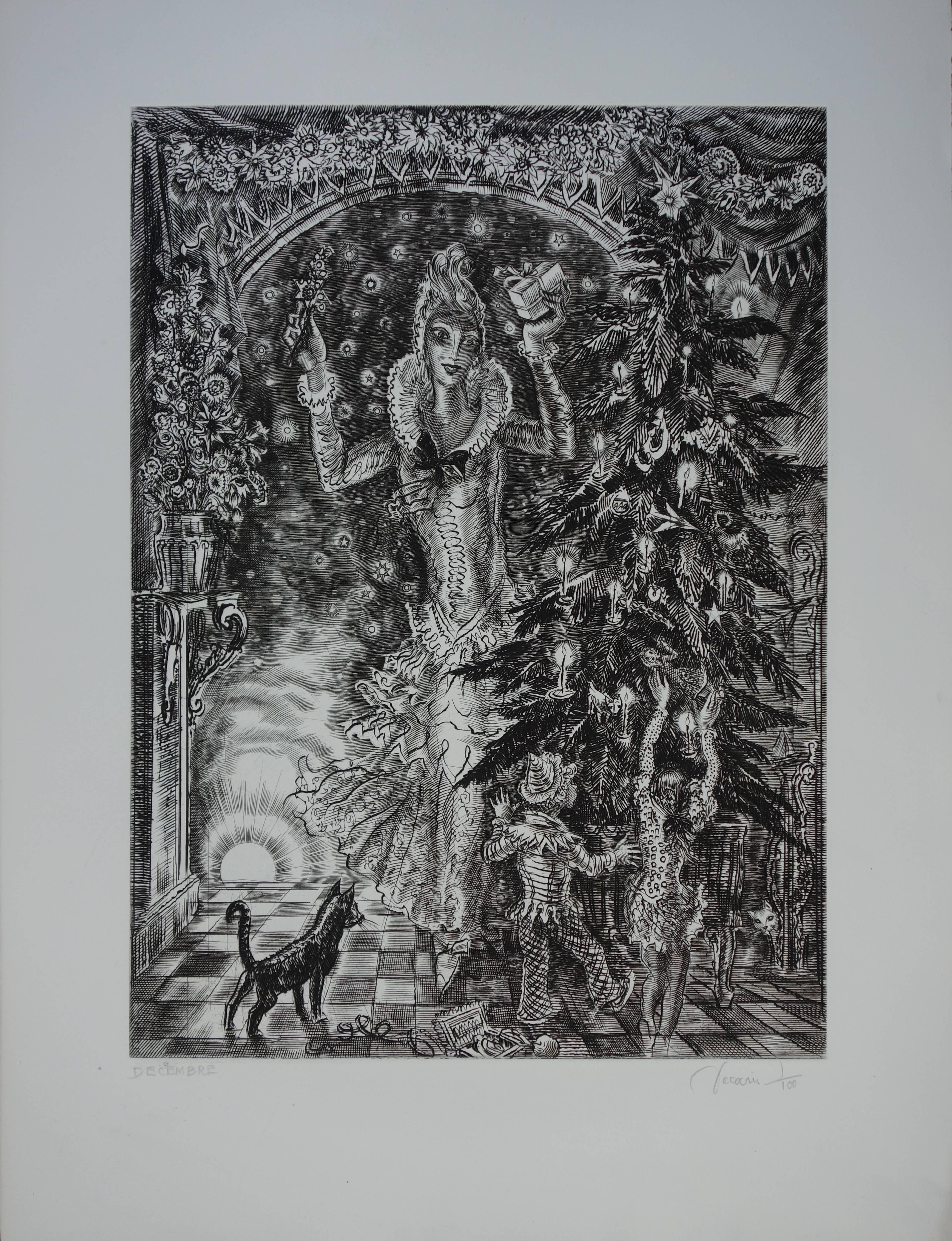 Dezember : Weihnachtsbaum - Original handsignierte Radierung - Außergewöhnlich n° 1/100 (Fotorealismus), Print, von Albert Decaris