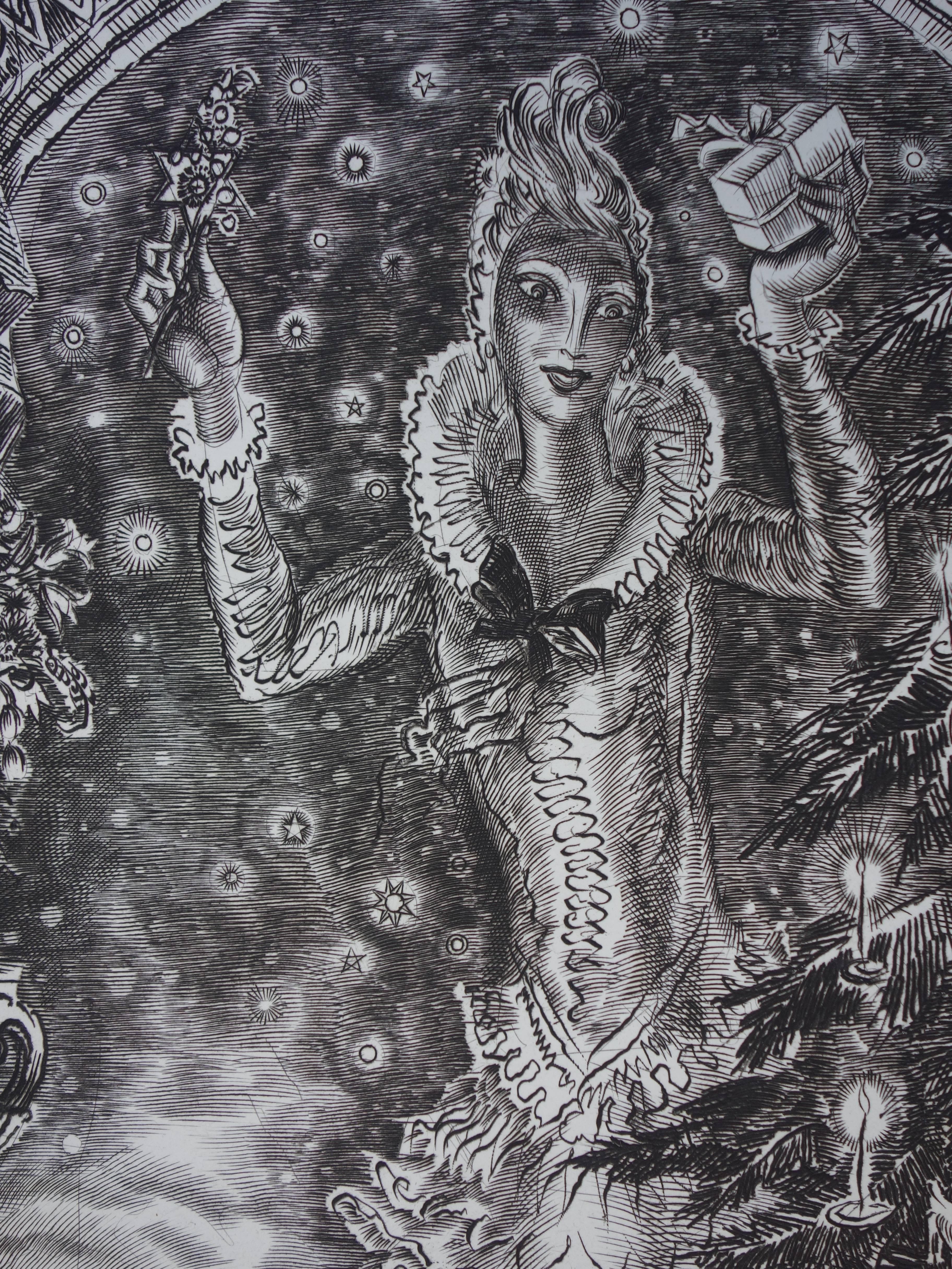 December : Christmas Tree - Original handsigned etching - Exceptional n° 1/100 - Gray Figurative Print by Albert Decaris