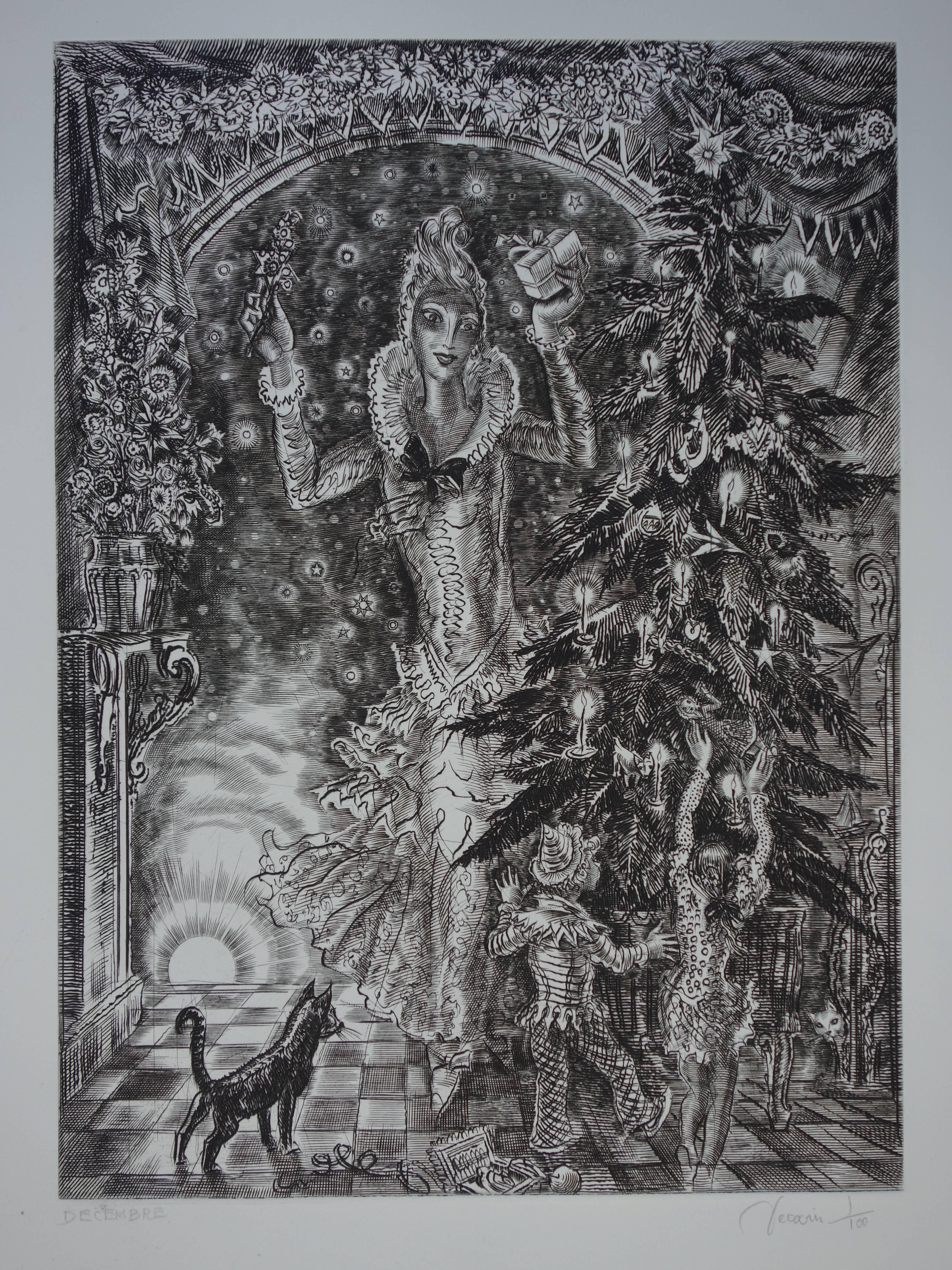 Albert Decaris Figurative Print – Dezember : Weihnachtsbaum - Original handsignierte Radierung - Außergewöhnlich n° 1/100