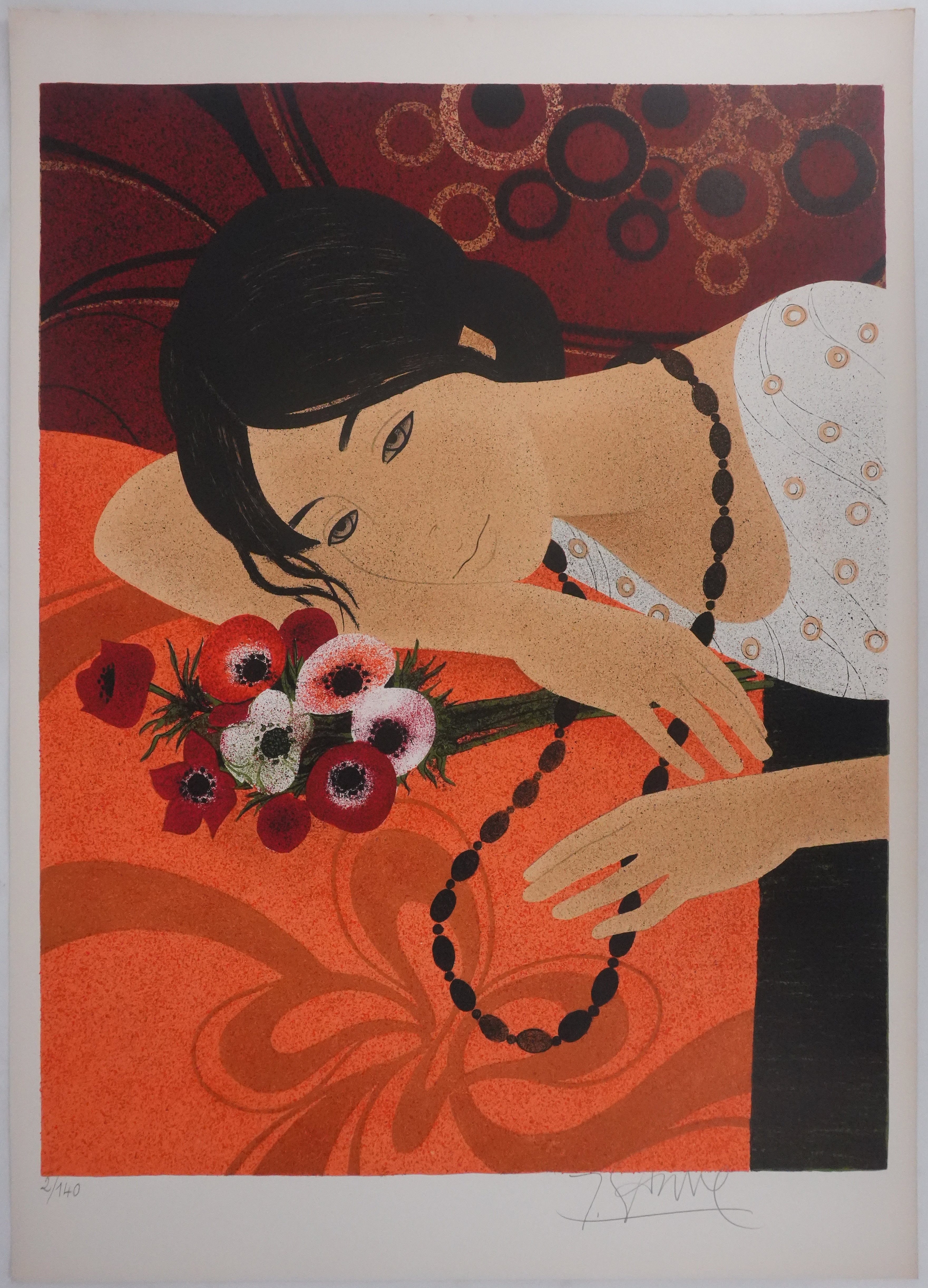 Frau mit einem Blumenstrauß – signierte Original-Lithografie