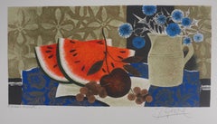 Watermelons and Blue Flowers - Original Lithograph Signed