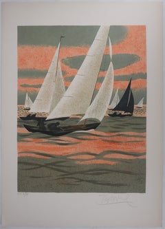 Sailing at Sunset - Original Lithograph Signed