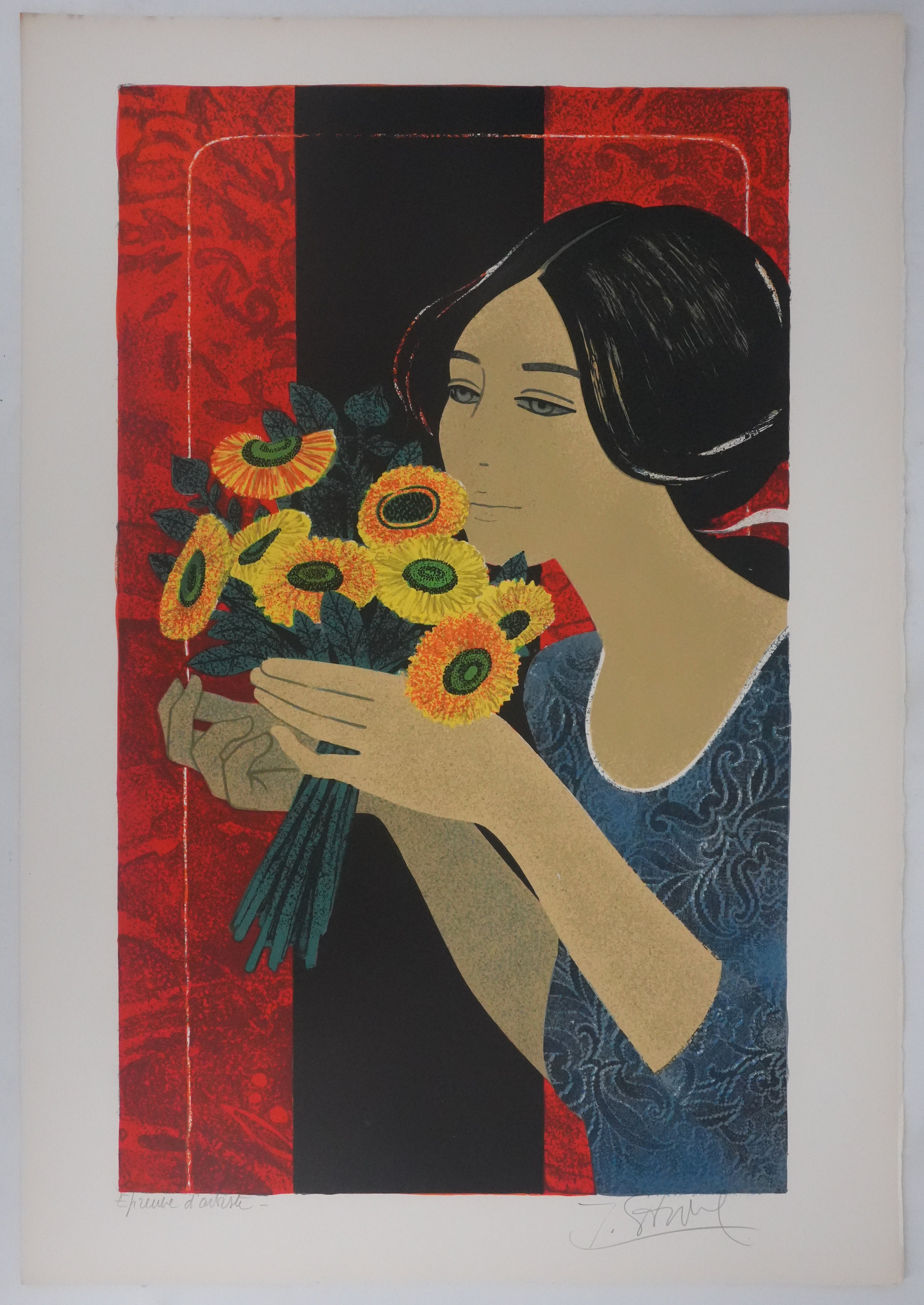 Woman with a Yellow Bouquet - Original Lithograph Signed