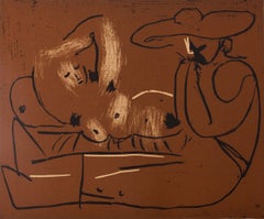 A Nude Lying Down and a Guitarist with a Hat - Linocut (Arnera studio)