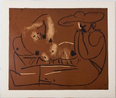 A Nude Lying Down and a Guitarist with a Hat - Linocut (Arnera studio)
