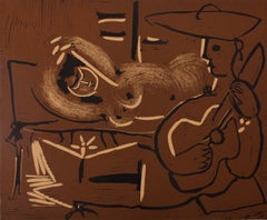 Femme allongée et guitariste au chapeau - Linogravure (atelier Arnera)
