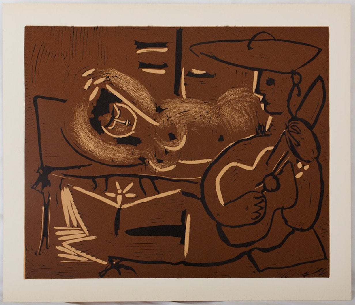 Woman Lying Down and a Guitarist with a Hat - Linocut (Arnera studio)