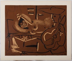 Femme allongée et guitariste au chapeau - Linogravure (atelier Arnera)