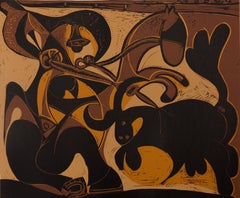 A Bull Rushing a Picador - Linocut (Arnera studio)