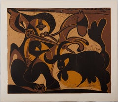 A Bull Rushing a Picador - Linocut (Arnera studio)