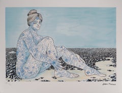 Merging with Nature, Woman with Flower Tattoos, Signed Lithograph
