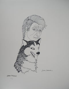 Selbstporträt mit einem Husky, signierte Lithografie