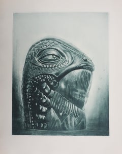Tête préhistorique (bronze vert), gravure