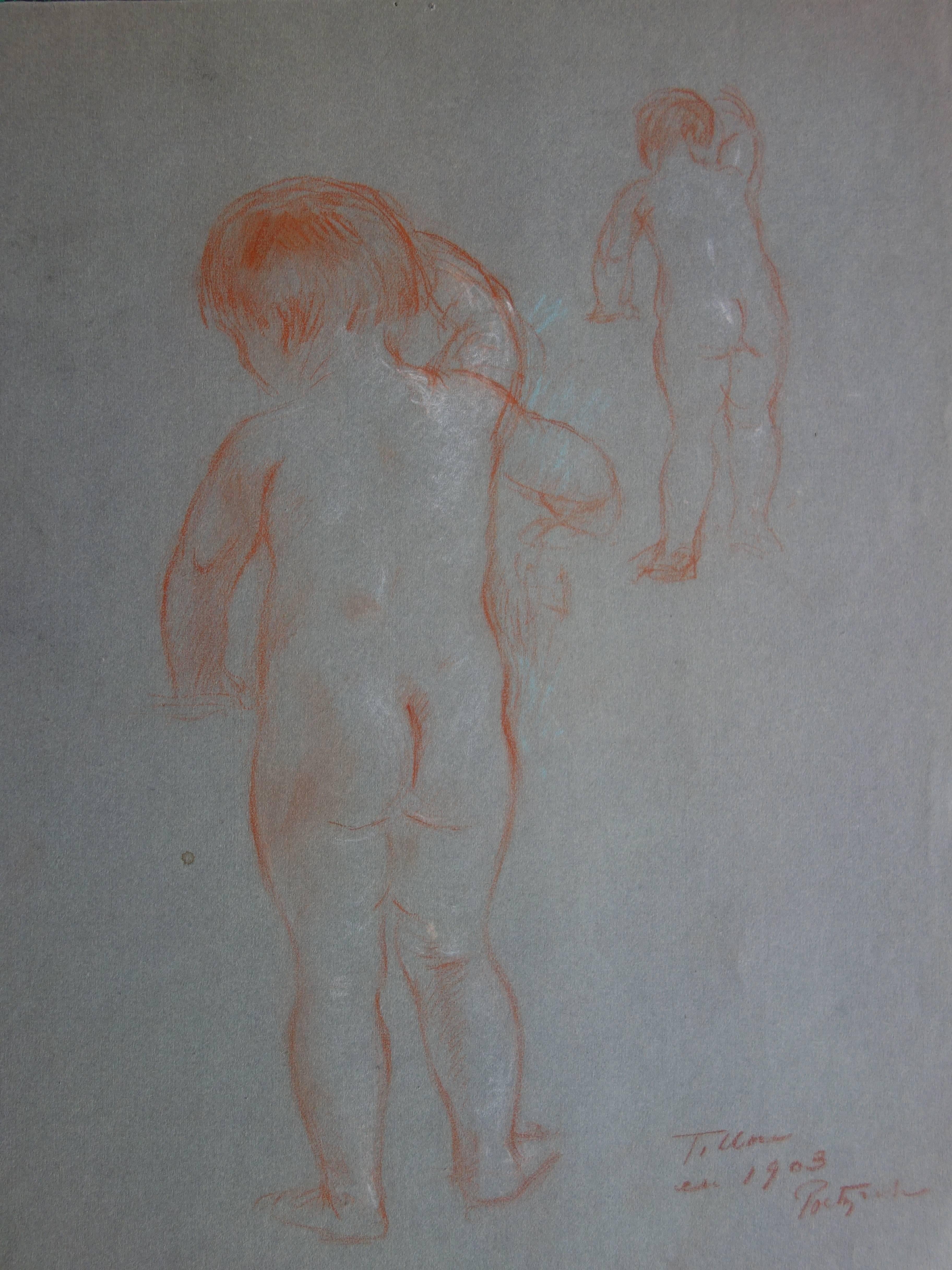 Study of a Young Boy - Original signierte Sanguine-Charcoal-Zeichnung eines jungen Jungen - 1903 (Realismus), Art, von Gustave Poetzsch