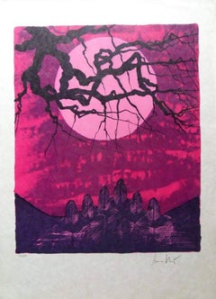 Tramonto rosa su campo di pietre - litografia autografa