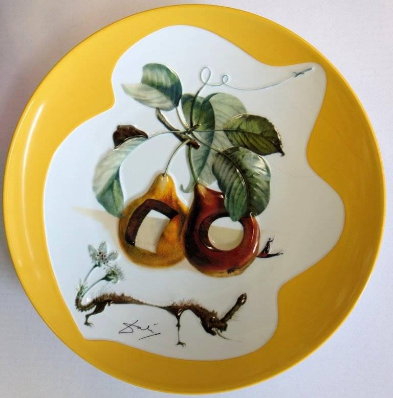 (after) Salvador Dali Figurative Sculpture - Hole Fruits with Rhinoceros - Porcelain dish (Imperial yellow finish)