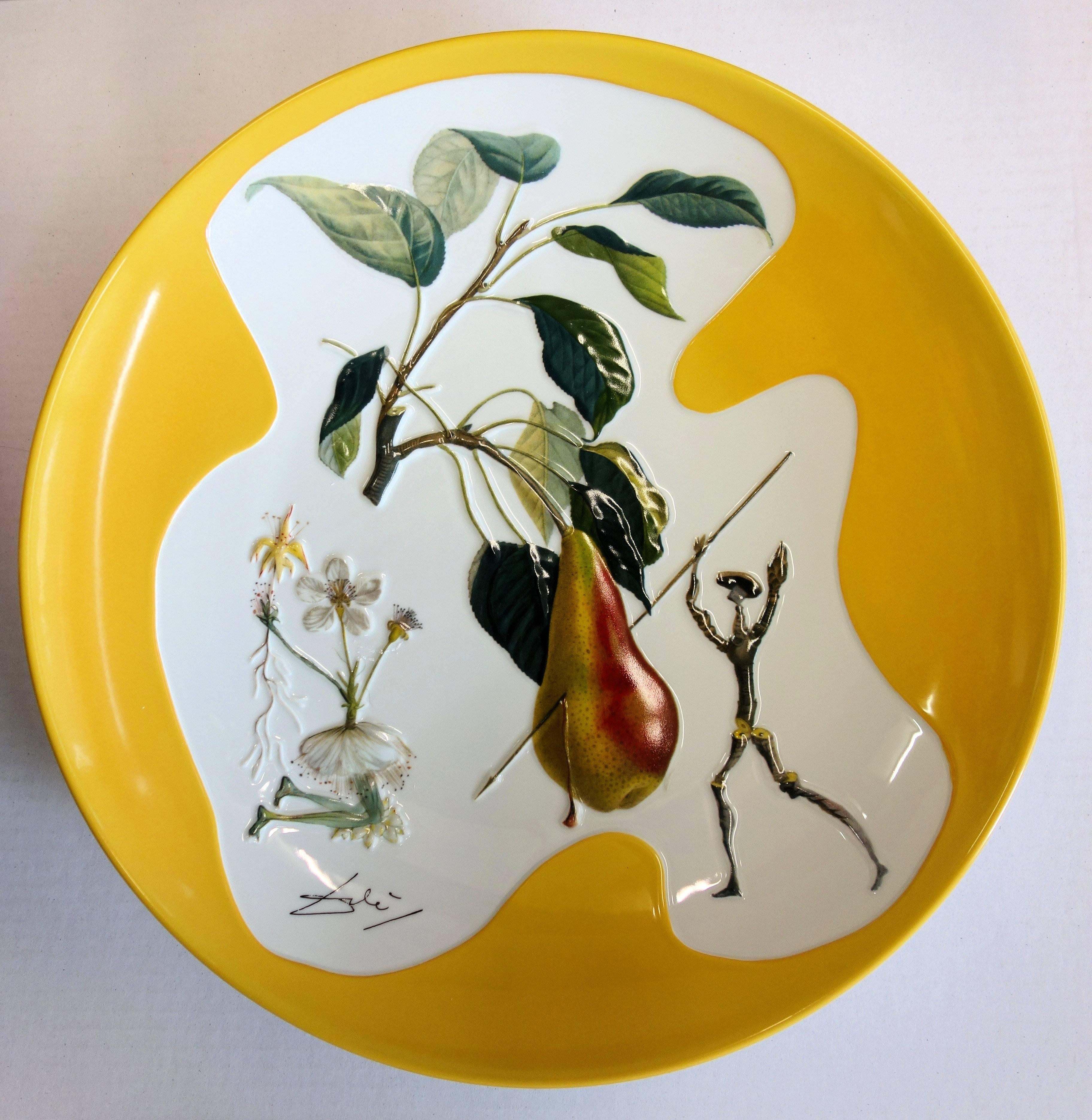 (after) Salvador Dali Figurative Sculpture - Flordali : Don Quichotte Pear - Porcelain dish (Imperial yellow finish)