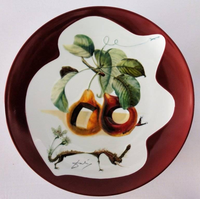 (after) Salvador Dali Figurative Sculpture - Hole Fruits with Rhinoceros - Porcelain dish (Bordeaux red finish)