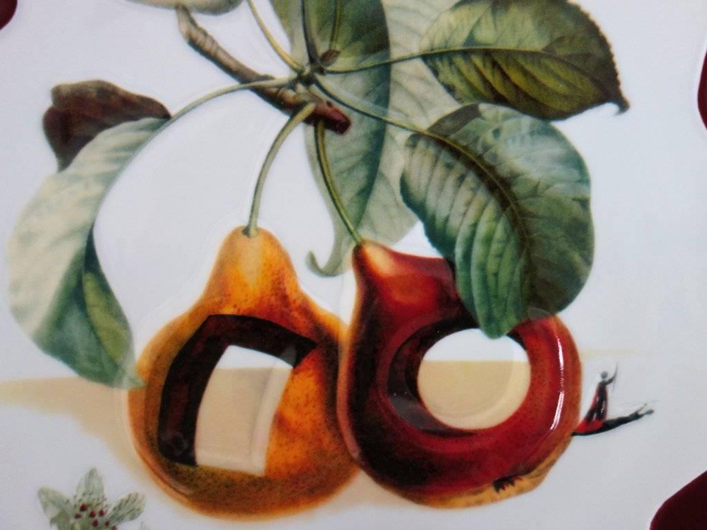 Hole Fruits with Rhinoceros - Porcelain dish (Bordeaux red finish) - White Figurative Sculpture by (after) Salvador Dali