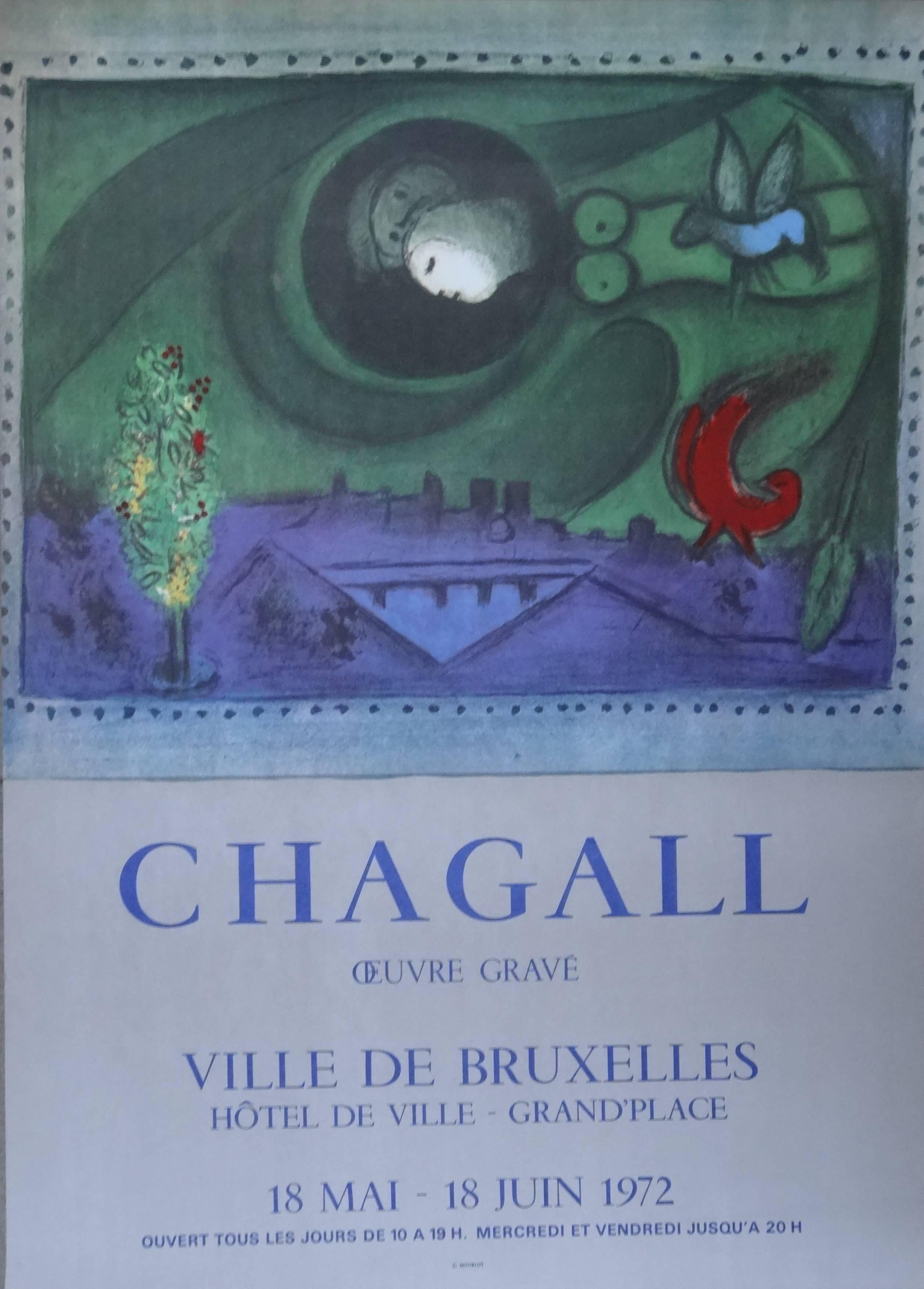 (after) Marc Chagall Landscape Print – Paar über der Stadt – Lithographieplakat – Mourlot