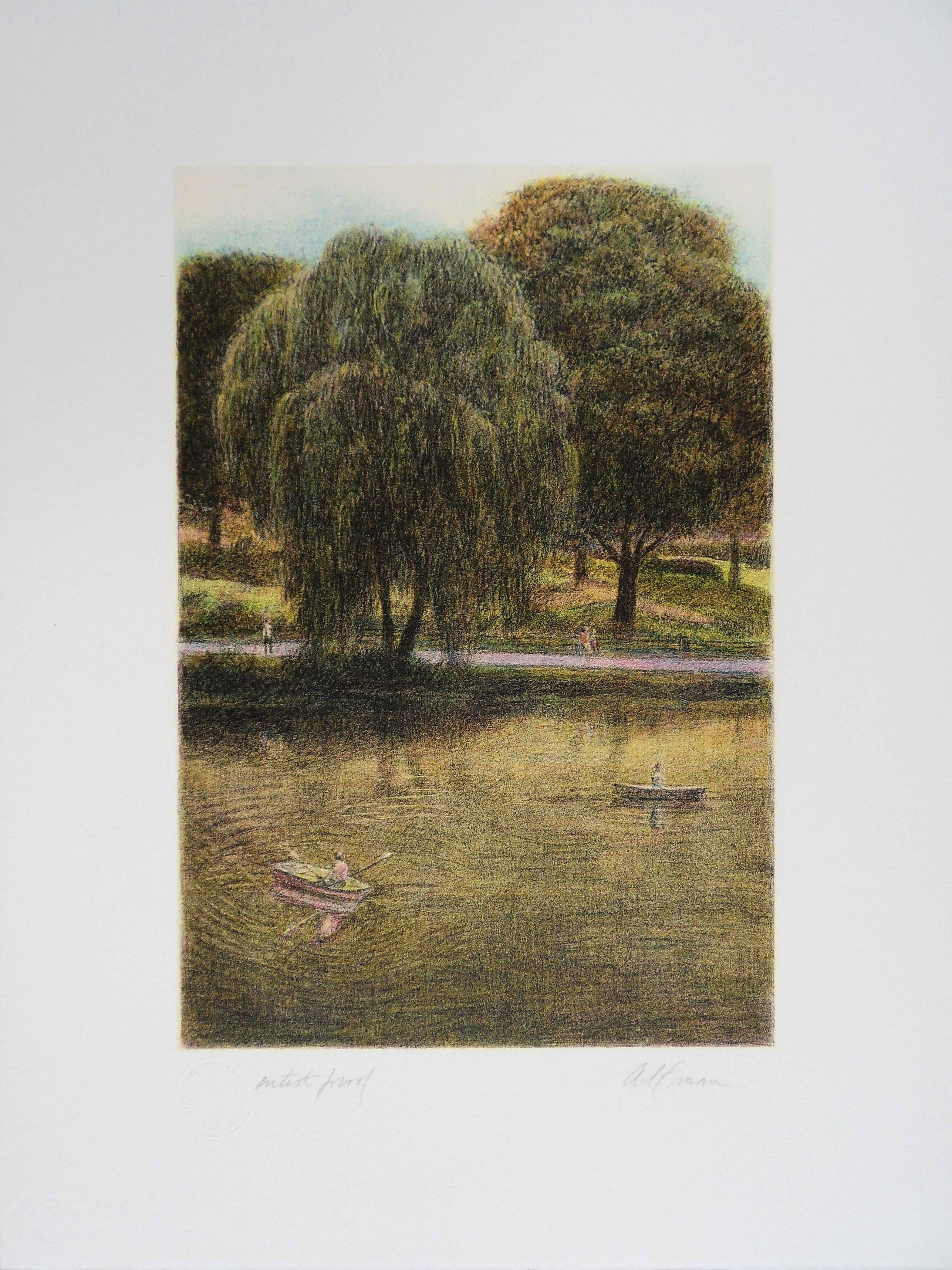 Harold Altman Figurative Print - New York : The Lake in Central Park - Original handsigned lithograph