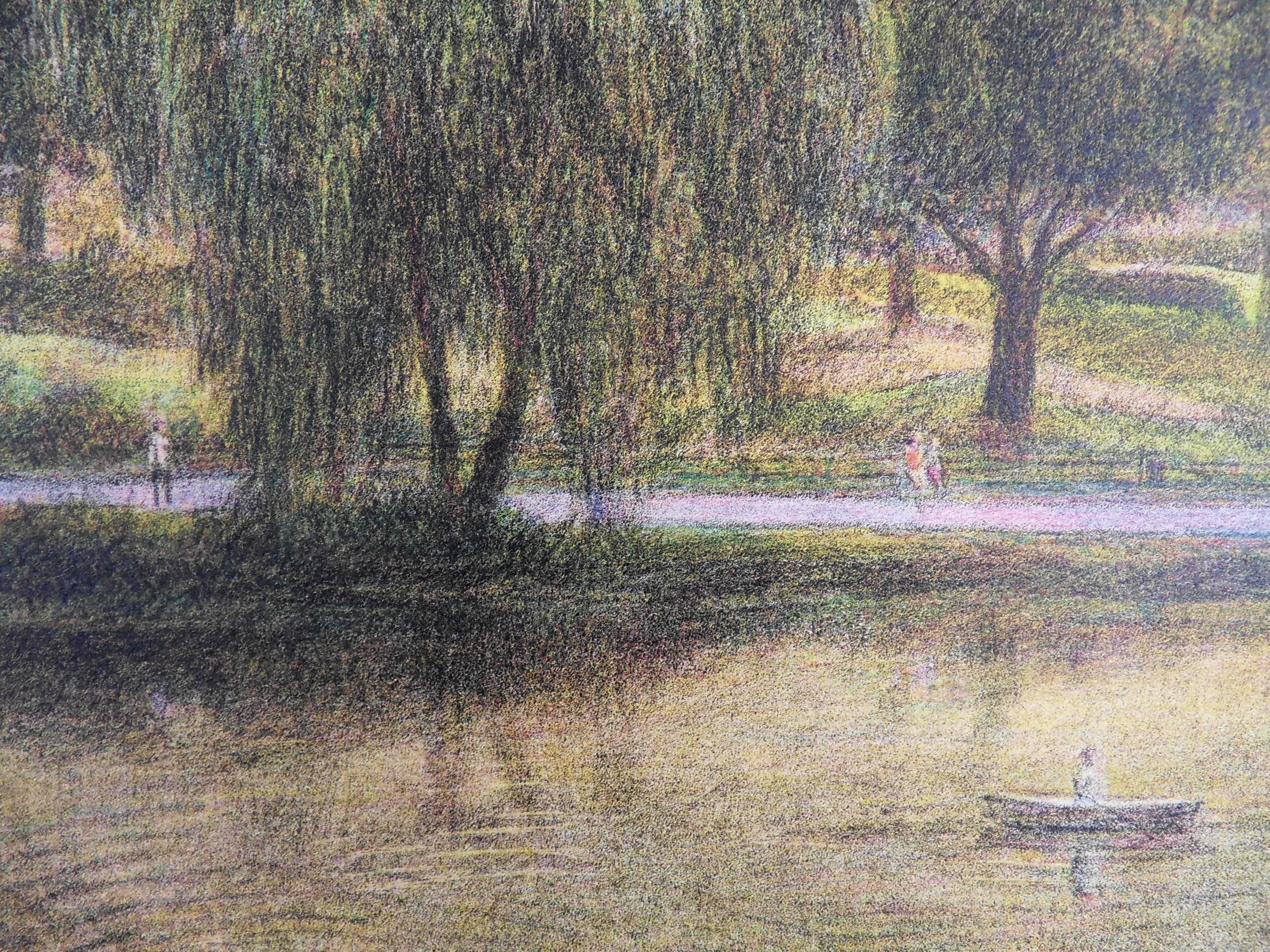 New York : The Lake in Central Park - Original handsigned lithograph - American Impressionist Print by Harold Altman