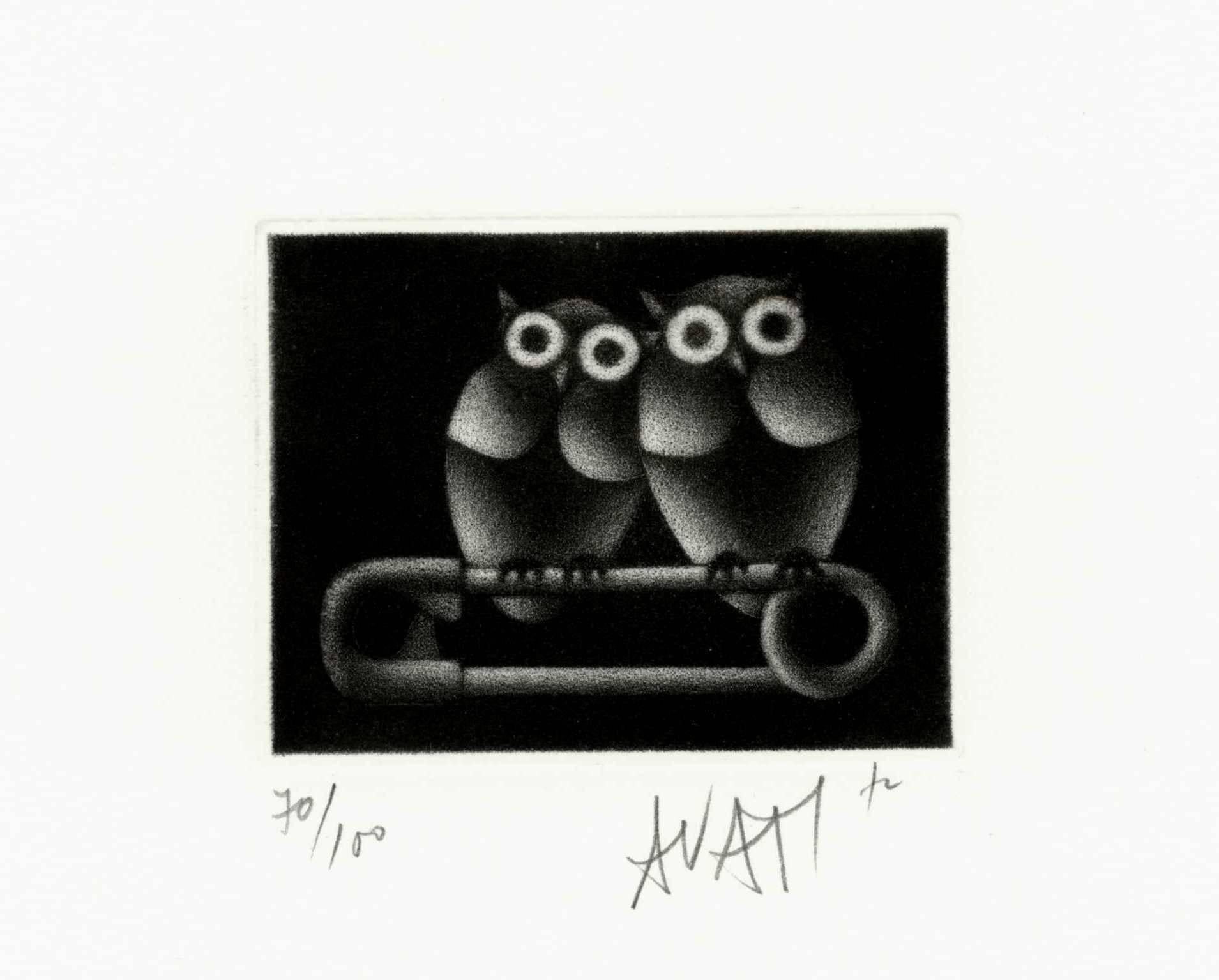 Mario Avati Animal Print - Couple of Owls - Original handsigned black-manner etching - 100 copies