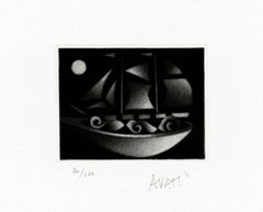 Velero en el Claro de Luna - Grabado original en negro firmado a mano - 100 ejemplares