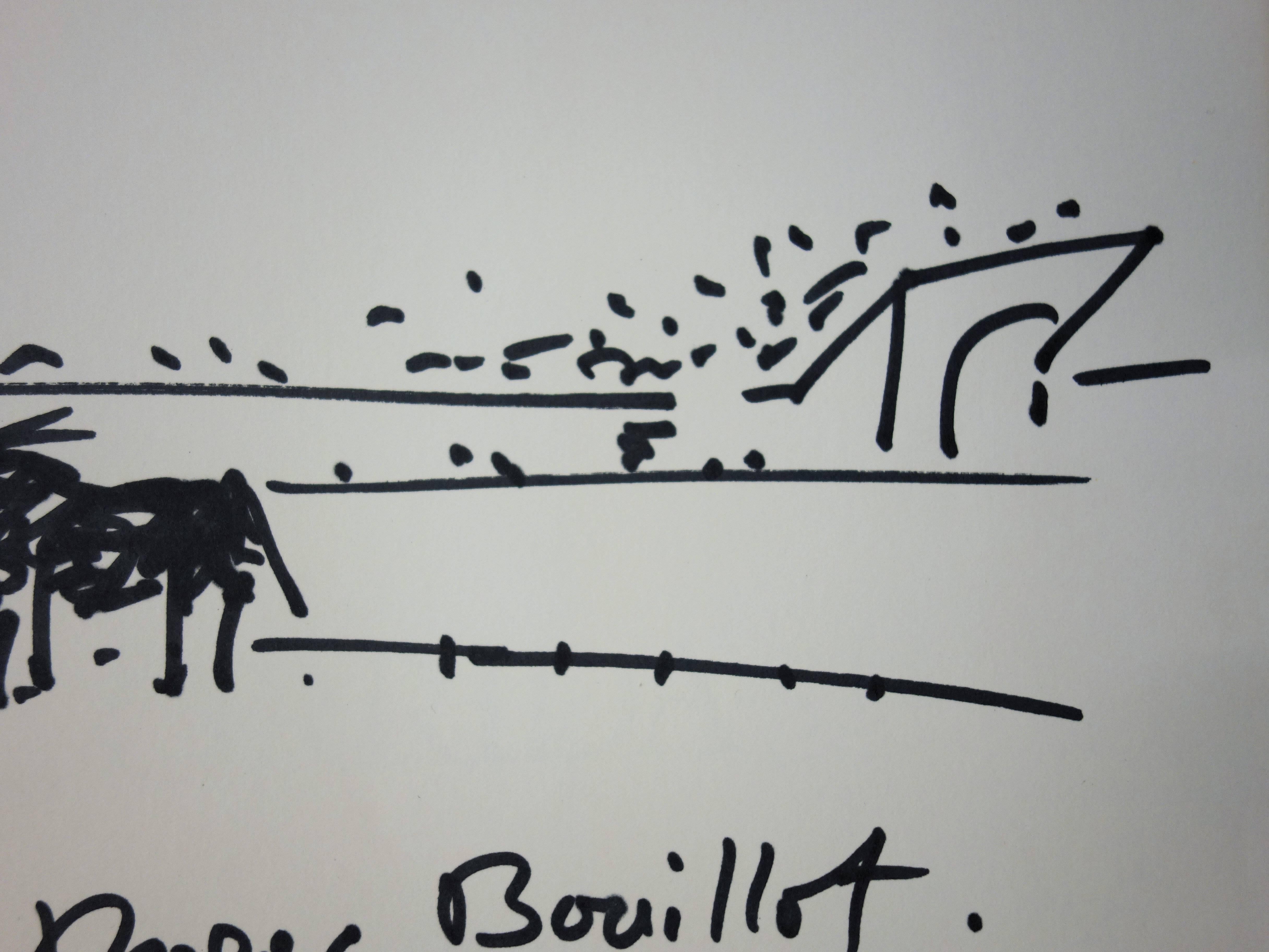 Bull in Arena - Original Handsigned Ink Drawing - Realist Art by Fernando Botero