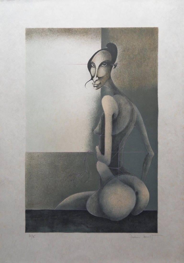 Frédéric Bouché Nude Print - Seated Surrealist Model - Handsigned lithograph