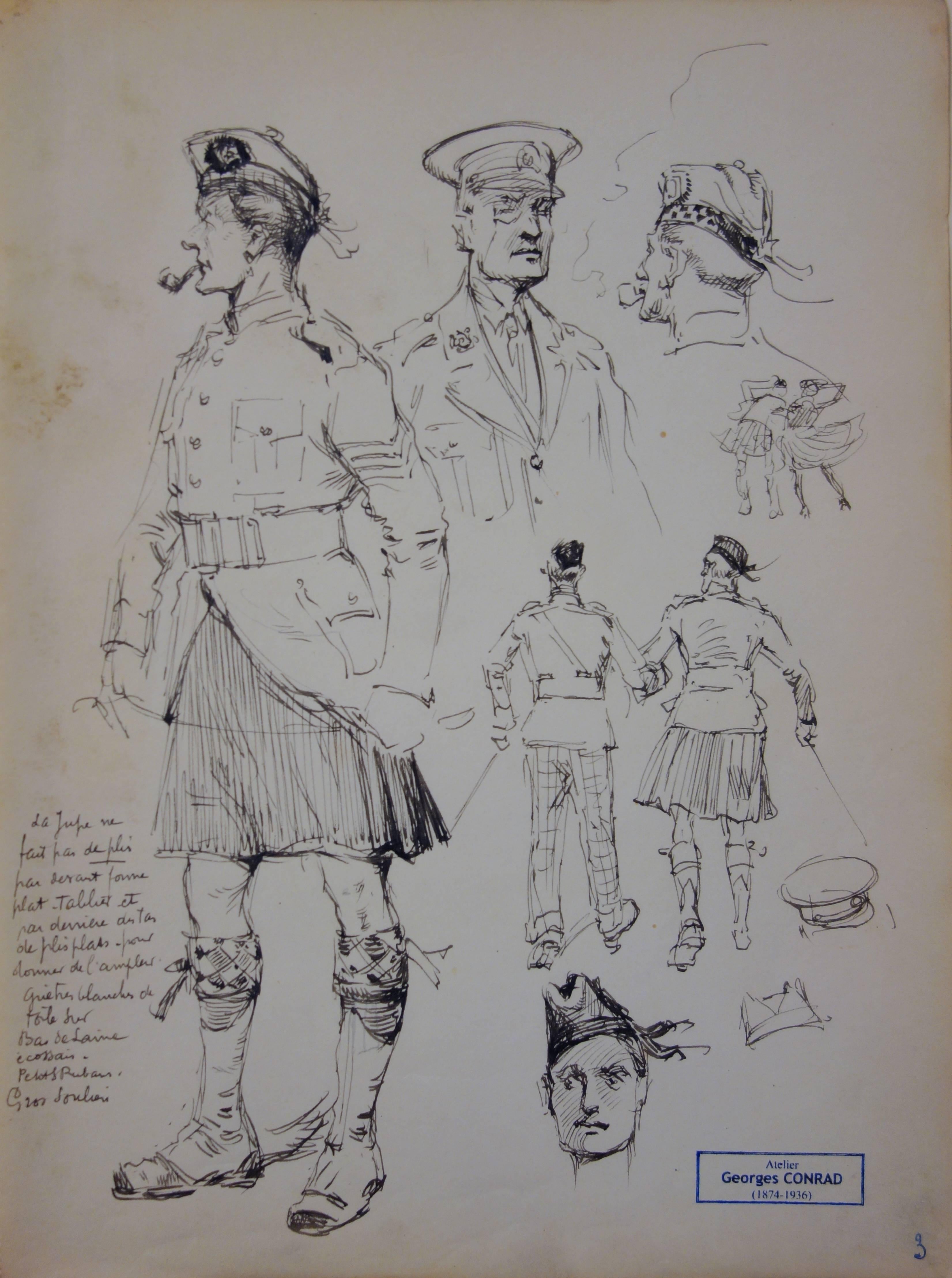 Georges Conrad Figurative Art - Studies of Scotish Officers - Ink drawing - circa 1916