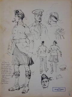 Studies of Scotish Officers - Ink drawing - circa 1916