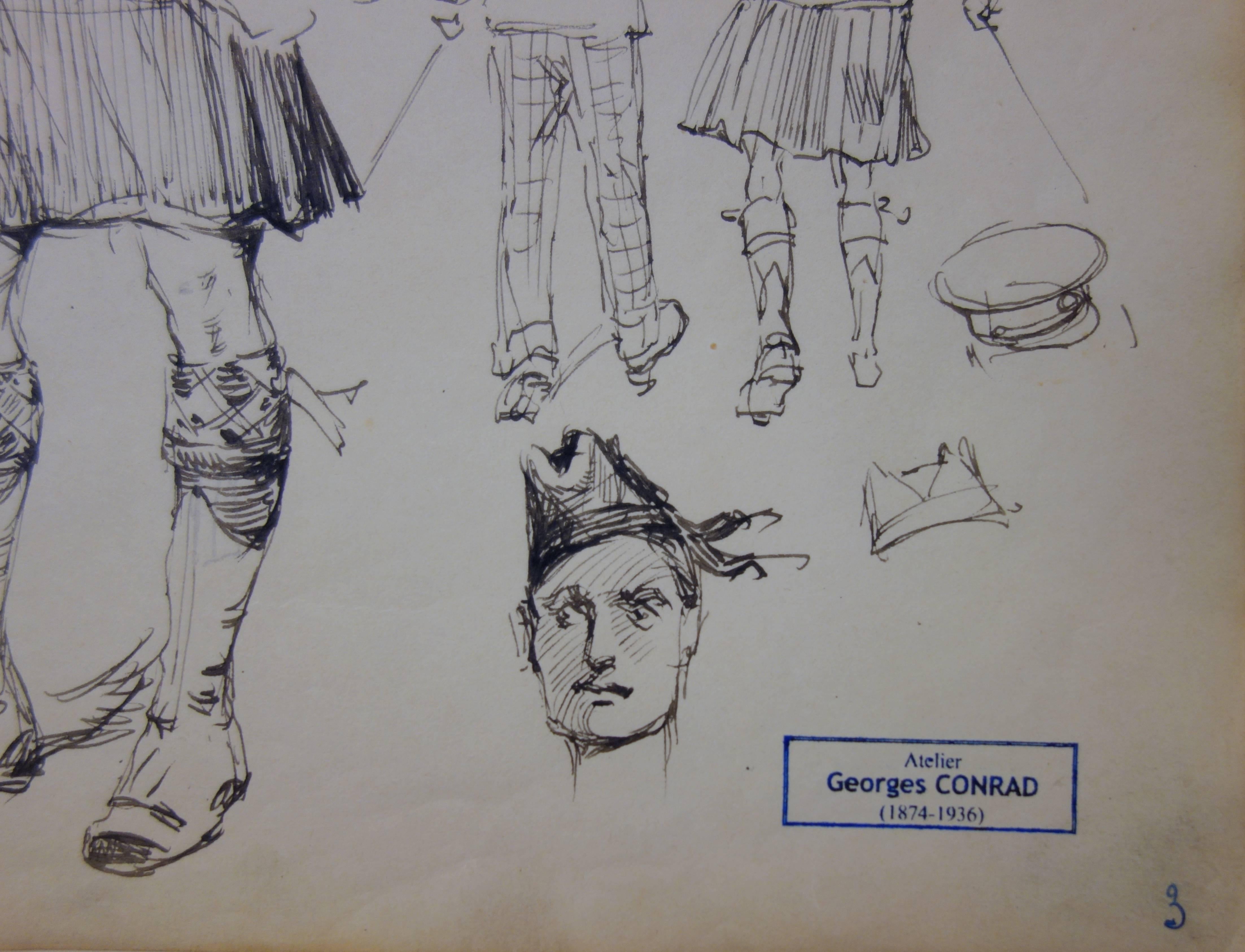 Studies of Scotish Officers - Ink drawing - circa 1916 - Art by Georges Conrad