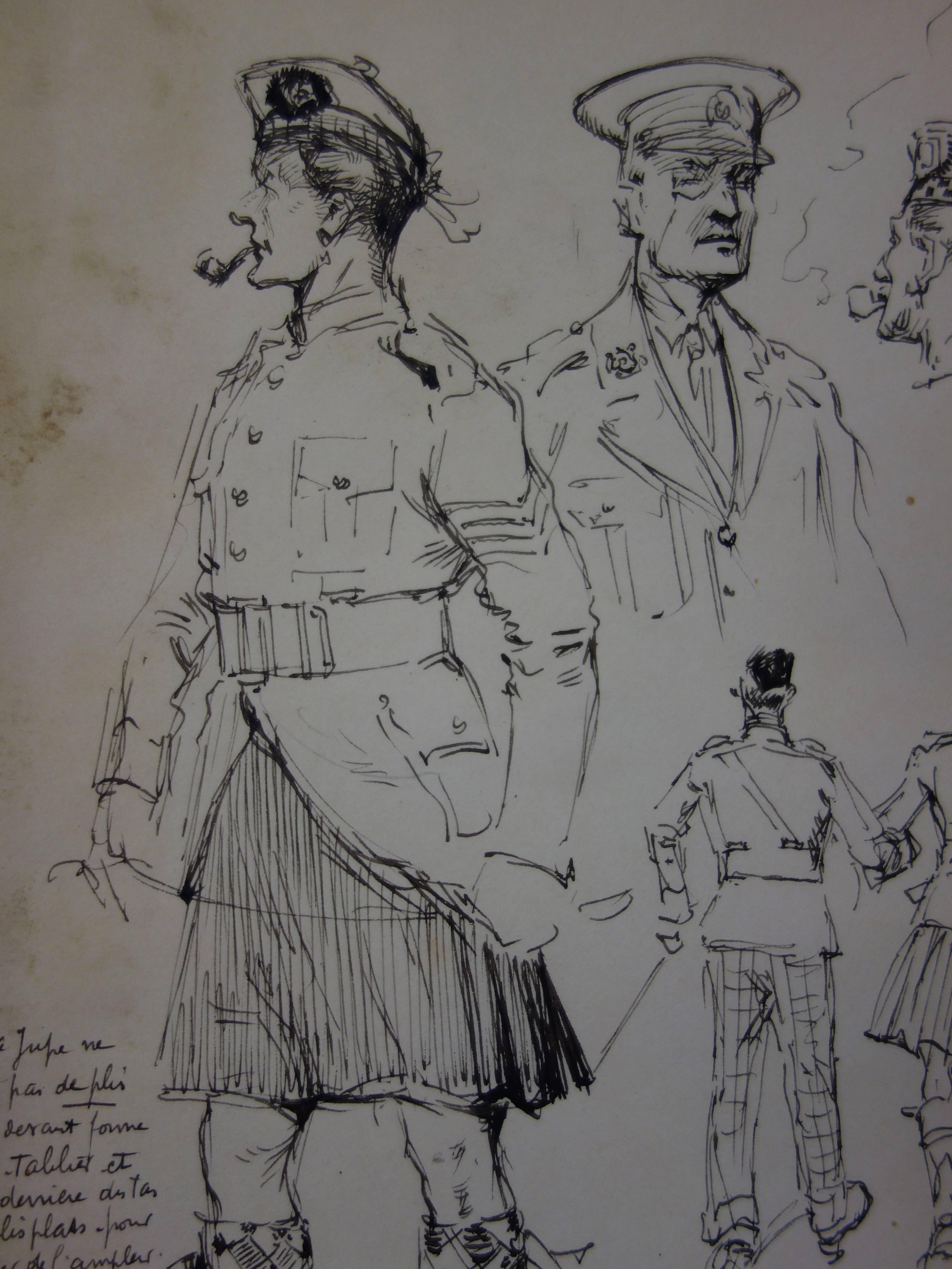 Studies of Scotish Officers - Ink drawing - circa 1916 - Academic Art by Georges Conrad