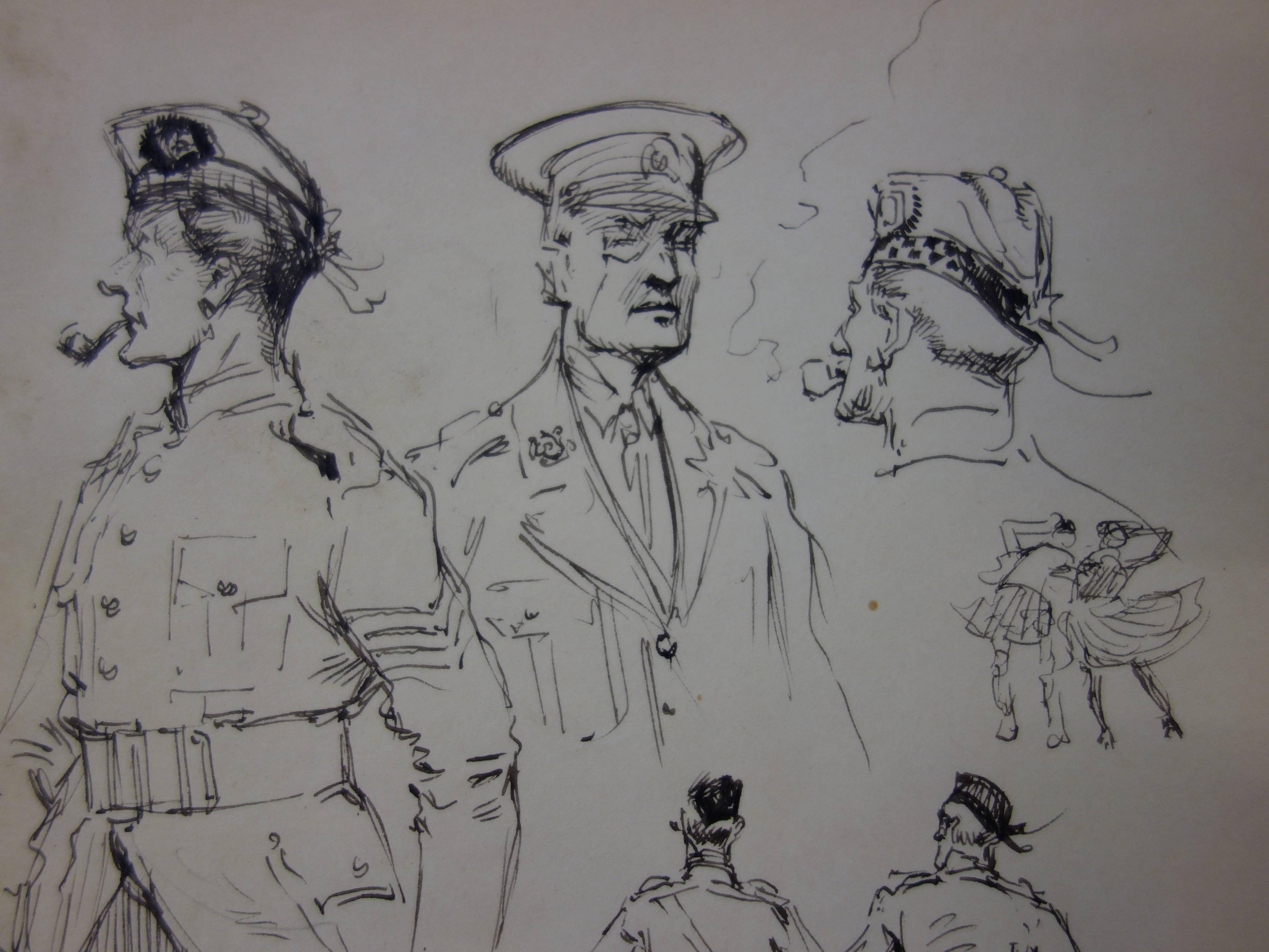 Studies of Scotish Officers - Ink drawing - circa 1916 - Gray Figurative Art by Georges Conrad