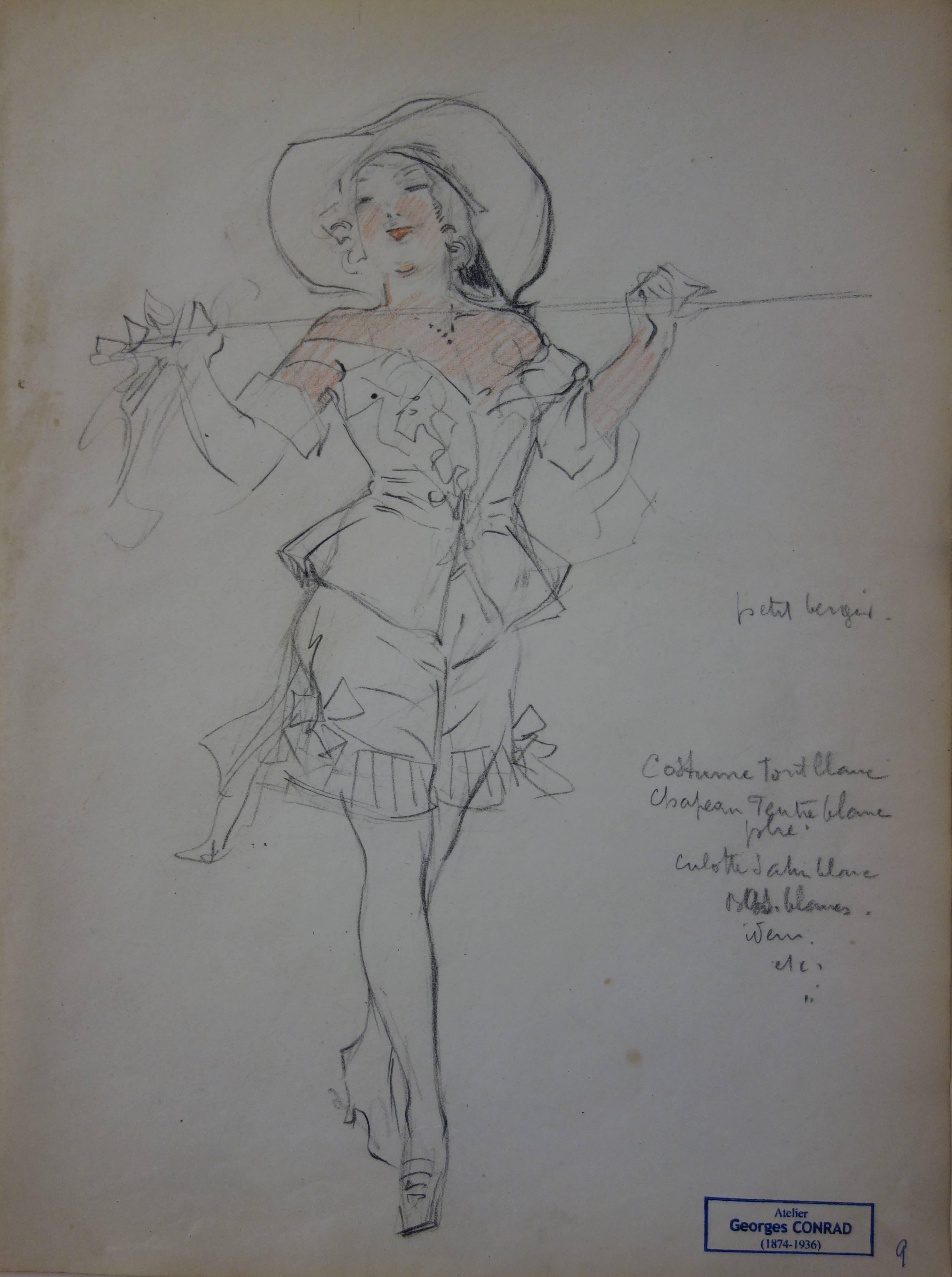 Georges Conrad Figurative Art - Moulin Rouge Dancer - Pencil drawing - circa 1916