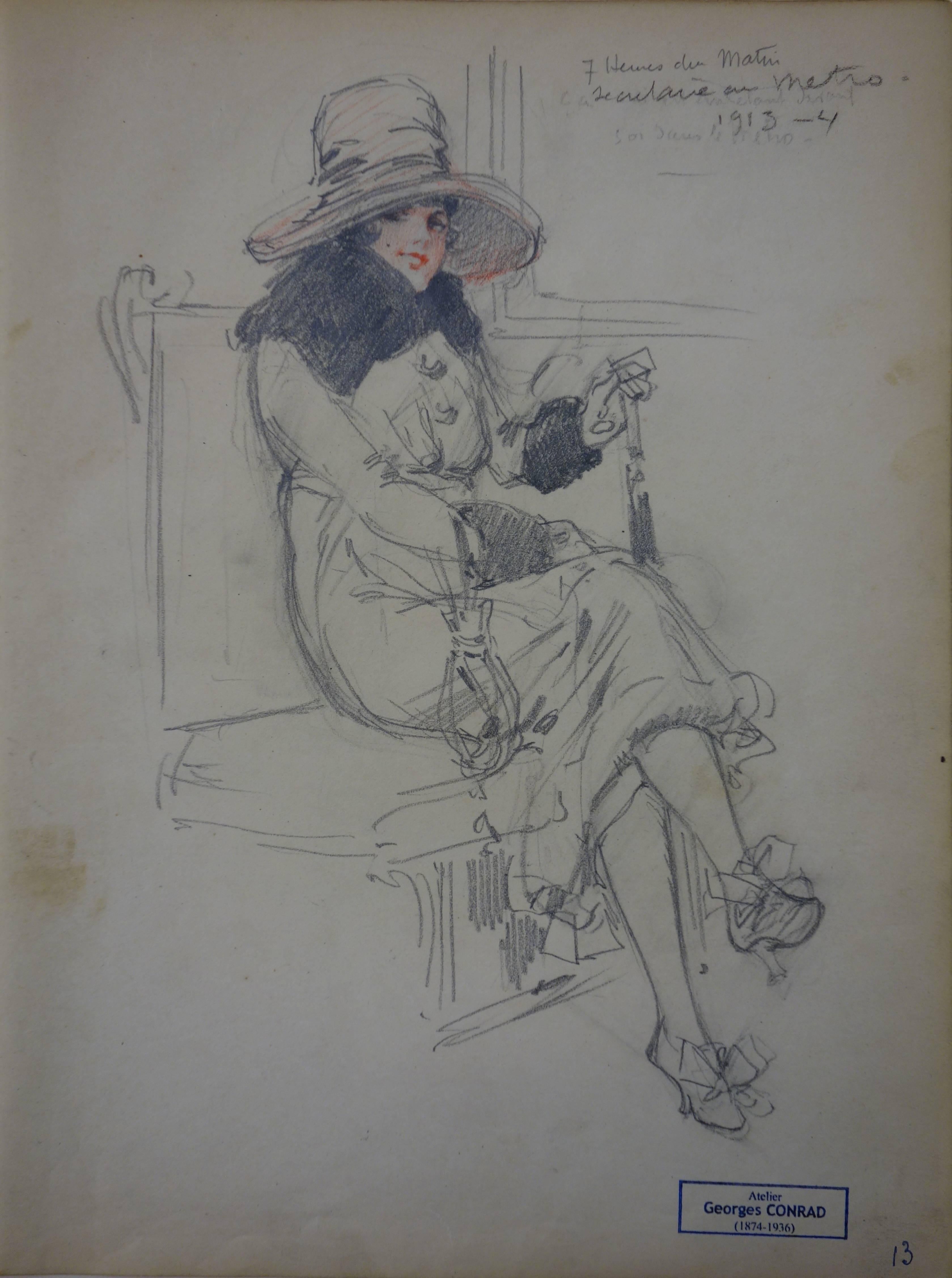 Sekretär in der U-Bahn - Bleistiftzeichnung - um 1913 (Akademisch), Art, von Georges Conrad
