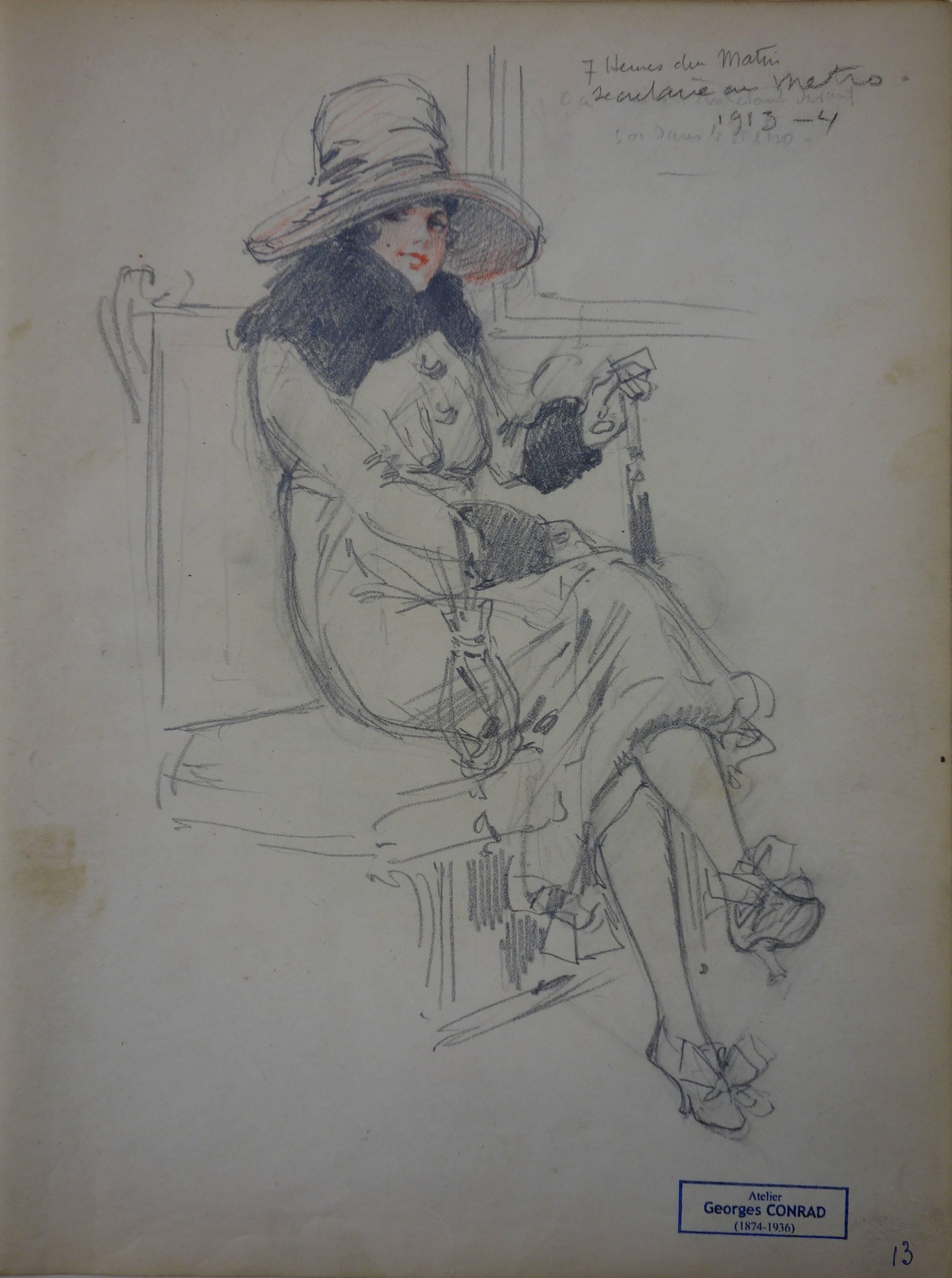 Segretaria nella metropolitana - Disegno a matita - 1913 circa - Art Accademia di Georges Conrad