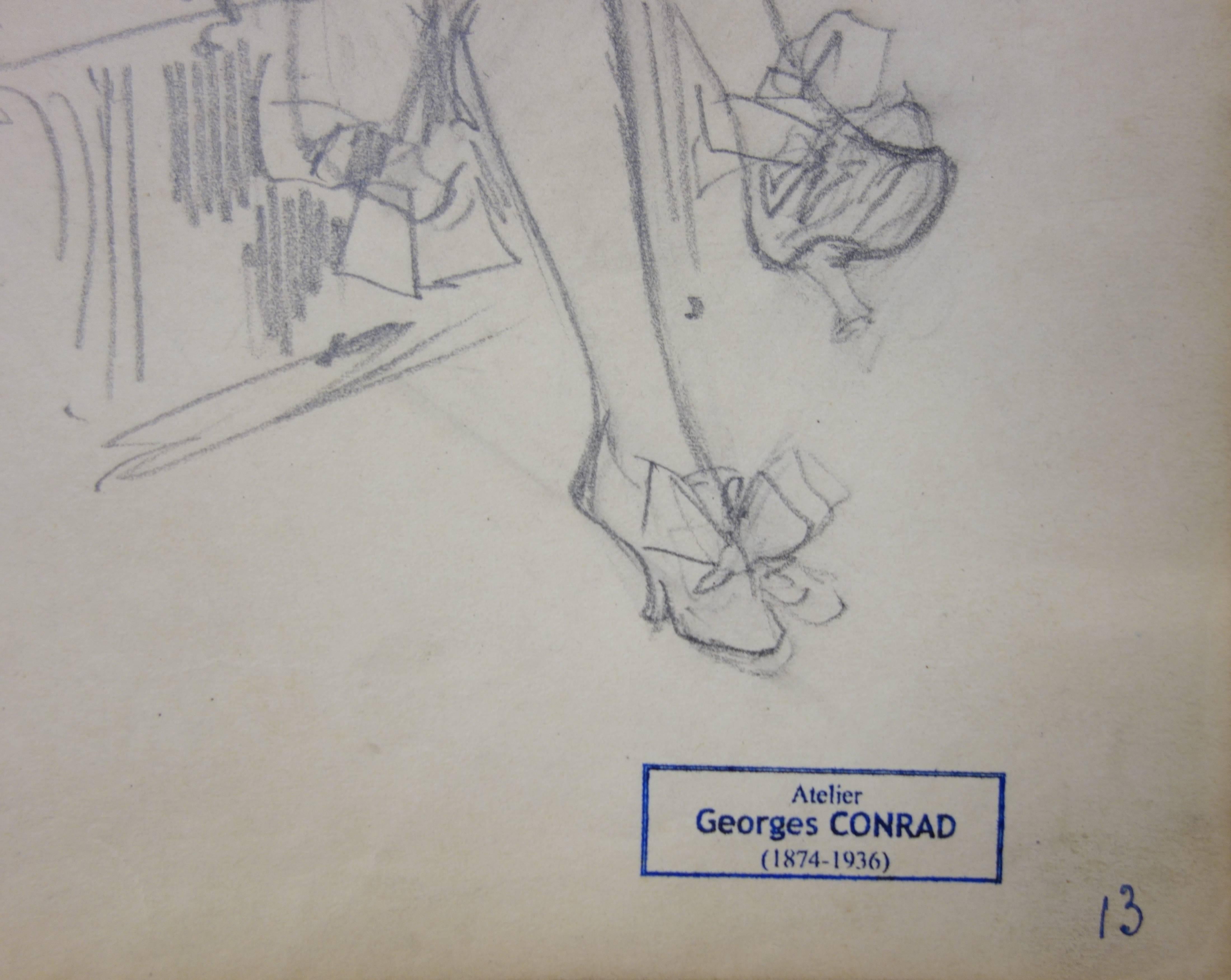 Sekretär in der U-Bahn - Bleistiftzeichnung - um 1913 – Art von Georges Conrad