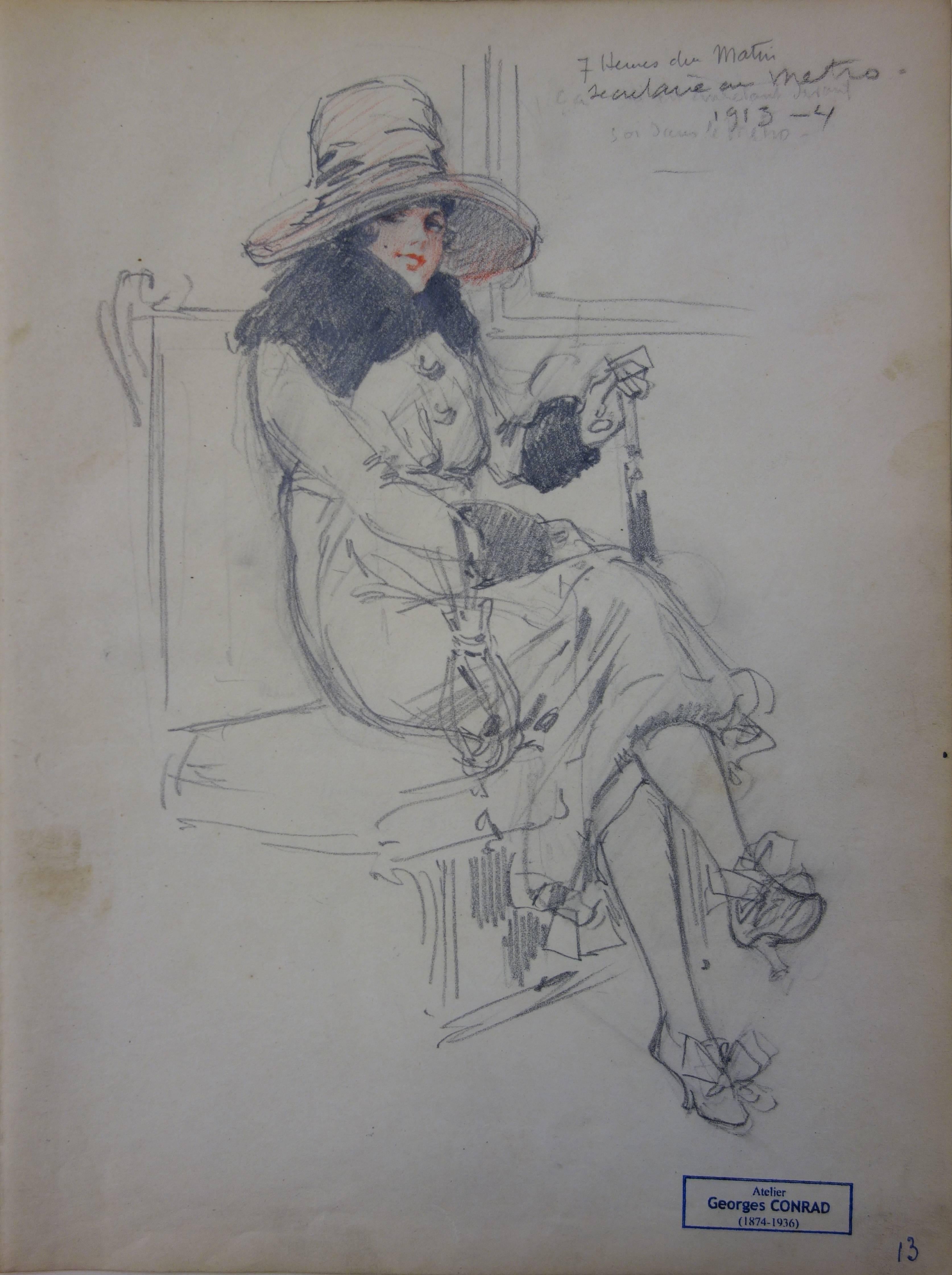 Secretary in the Subway - Pencil drawing - circa 1913