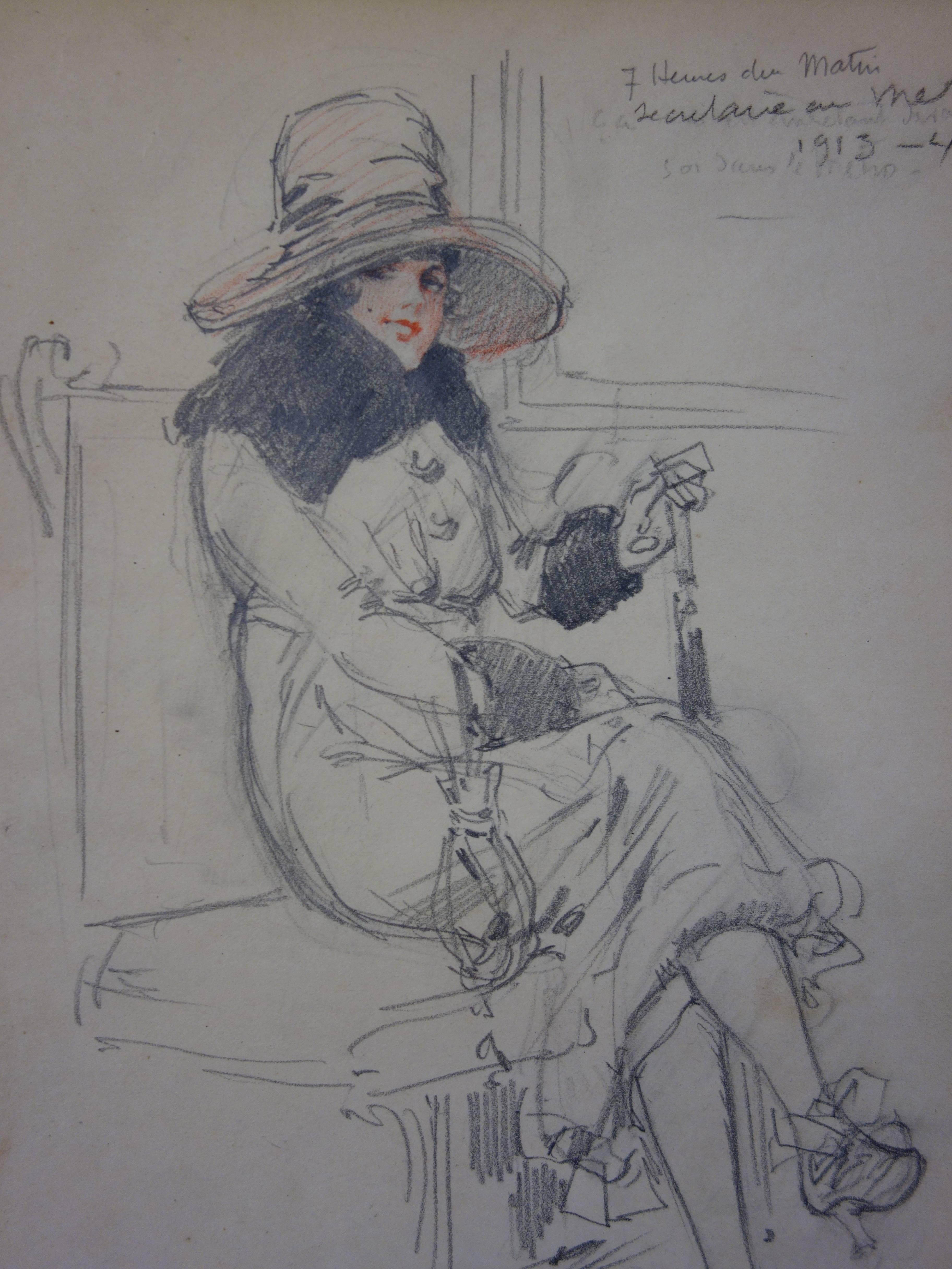 Sekretär in der U-Bahn - Bleistiftzeichnung - um 1913 (Grau), Figurative Art, von Georges Conrad