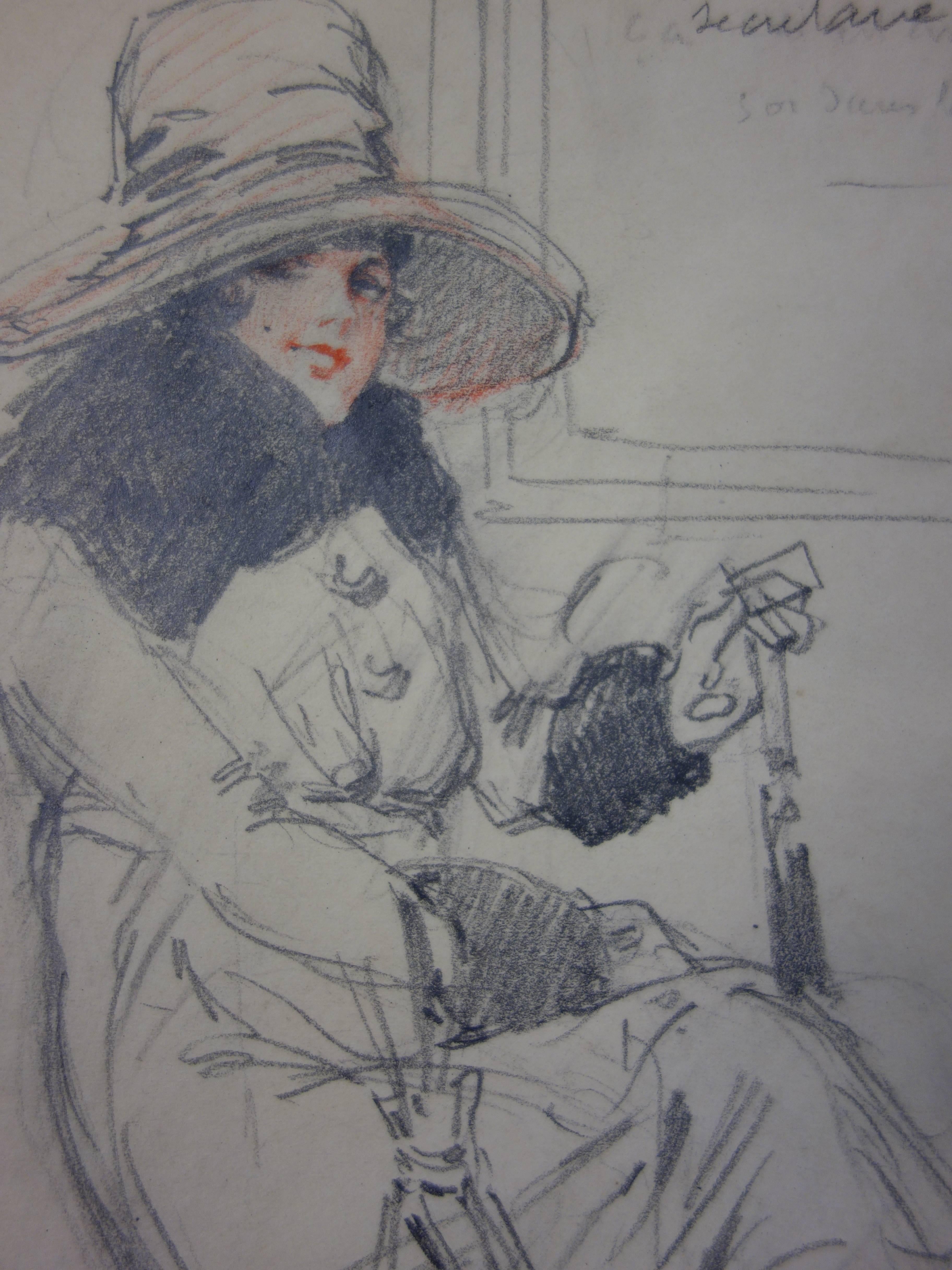 Secretary in the Subway - Pencil drawing - circa 1913 - Academic Art by Georges Conrad