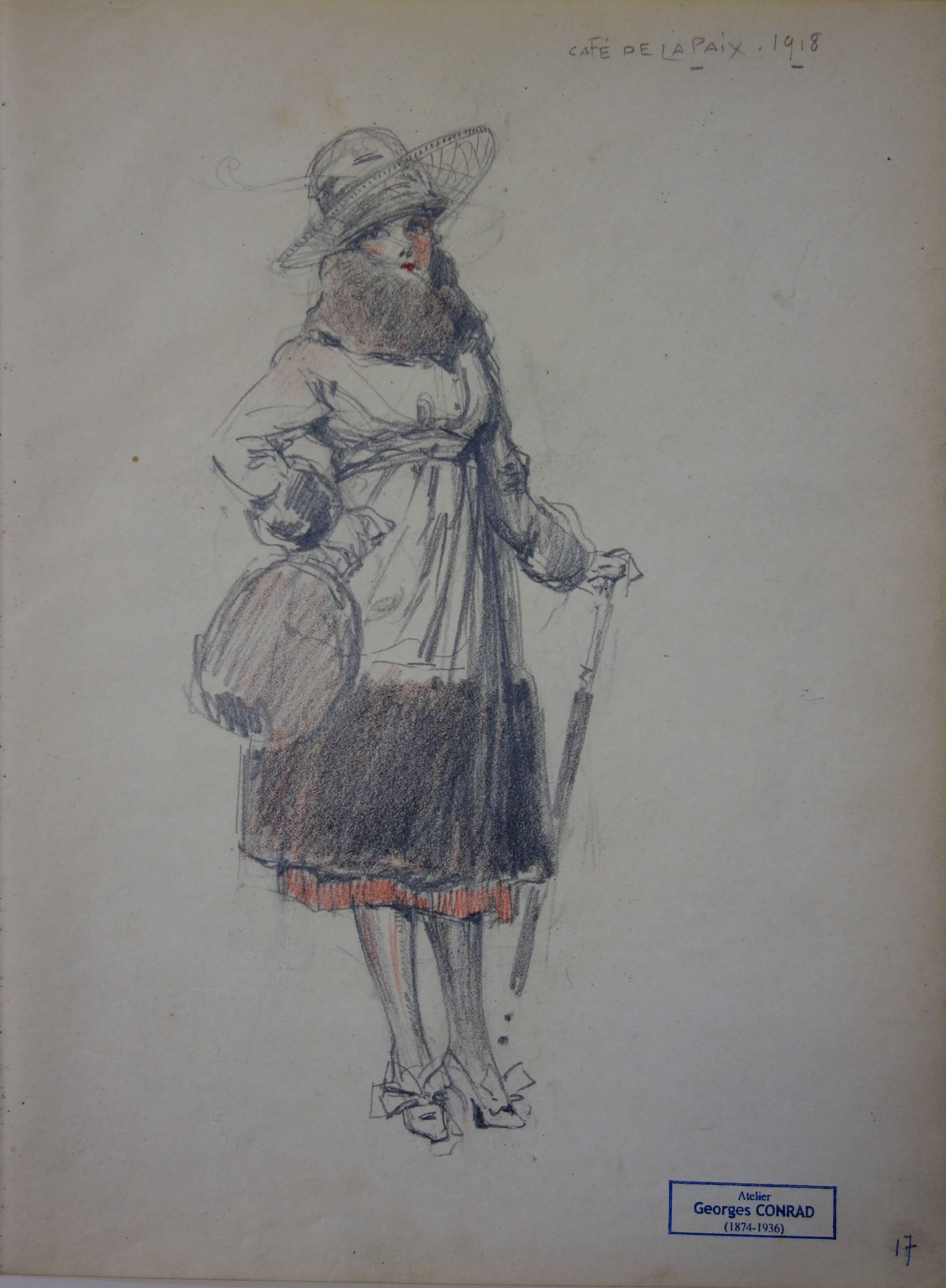 Elegante elegante Frau, gesehen im Cafe de la Paix (Paris) – Bleistiftzeichnung – um 1914