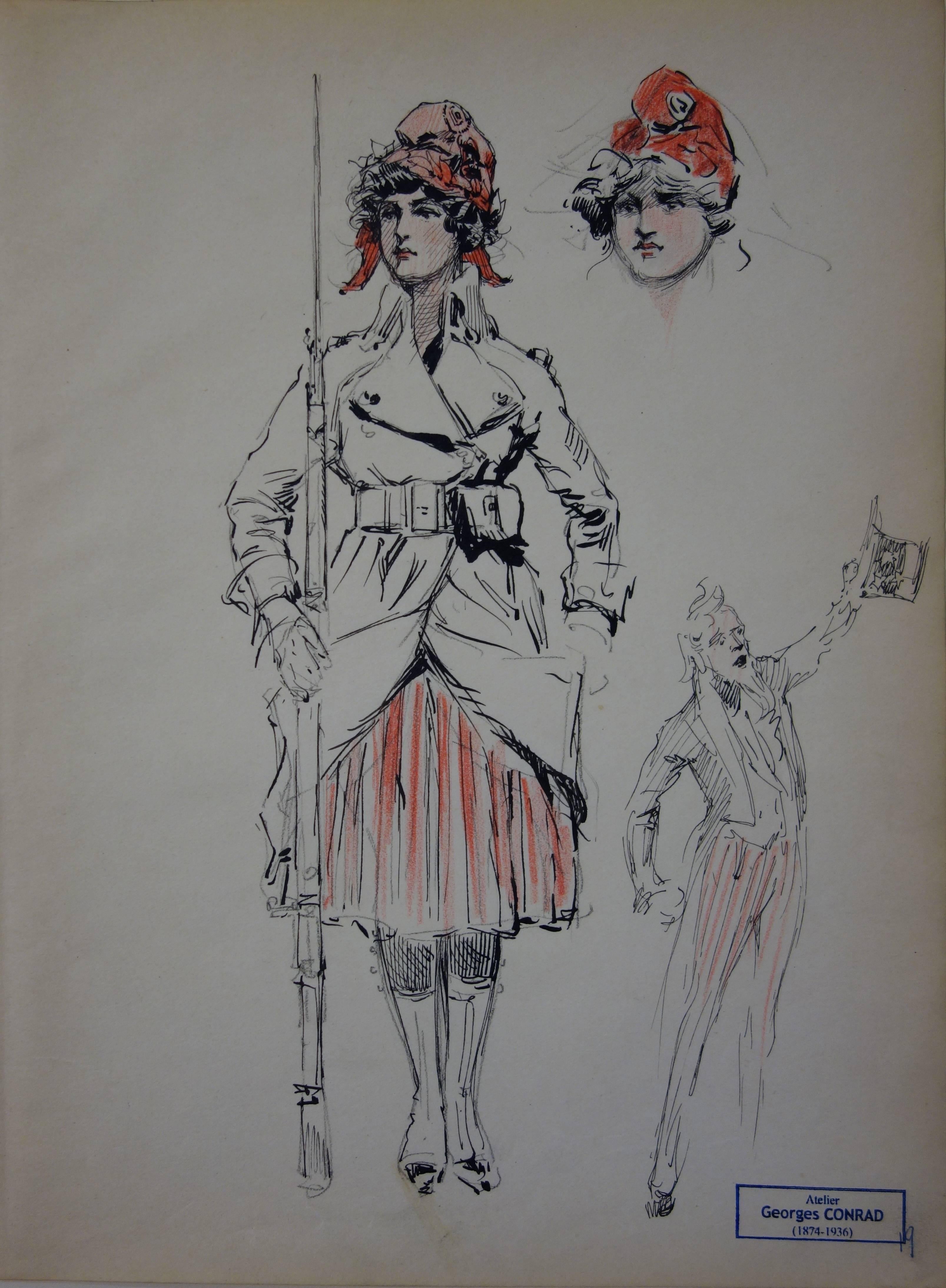 Georges Conrad Figurative Art - French Marianne and Uncle Sam - Ink drawing - circa 1914