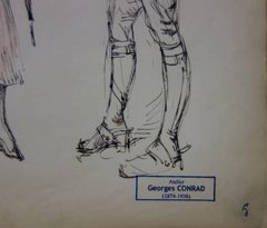 Femme française avec un officier - dessin à l'encre - 1916