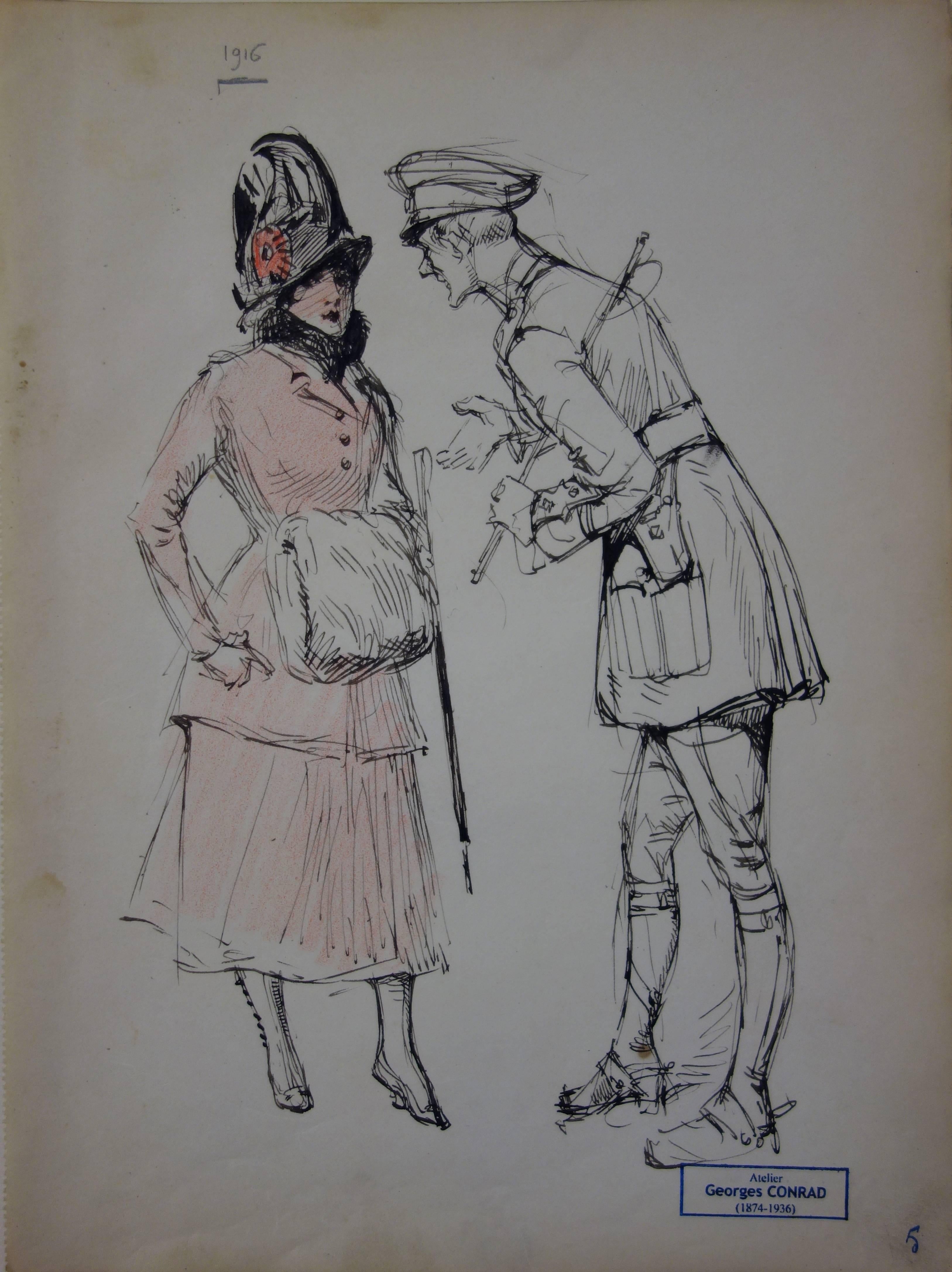 Georges Conrad Figurative Art - French Woman with a Officer - Ink drawing - 1916