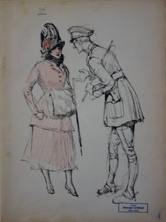 Antique French Woman with a Officer - Ink drawing - 1916