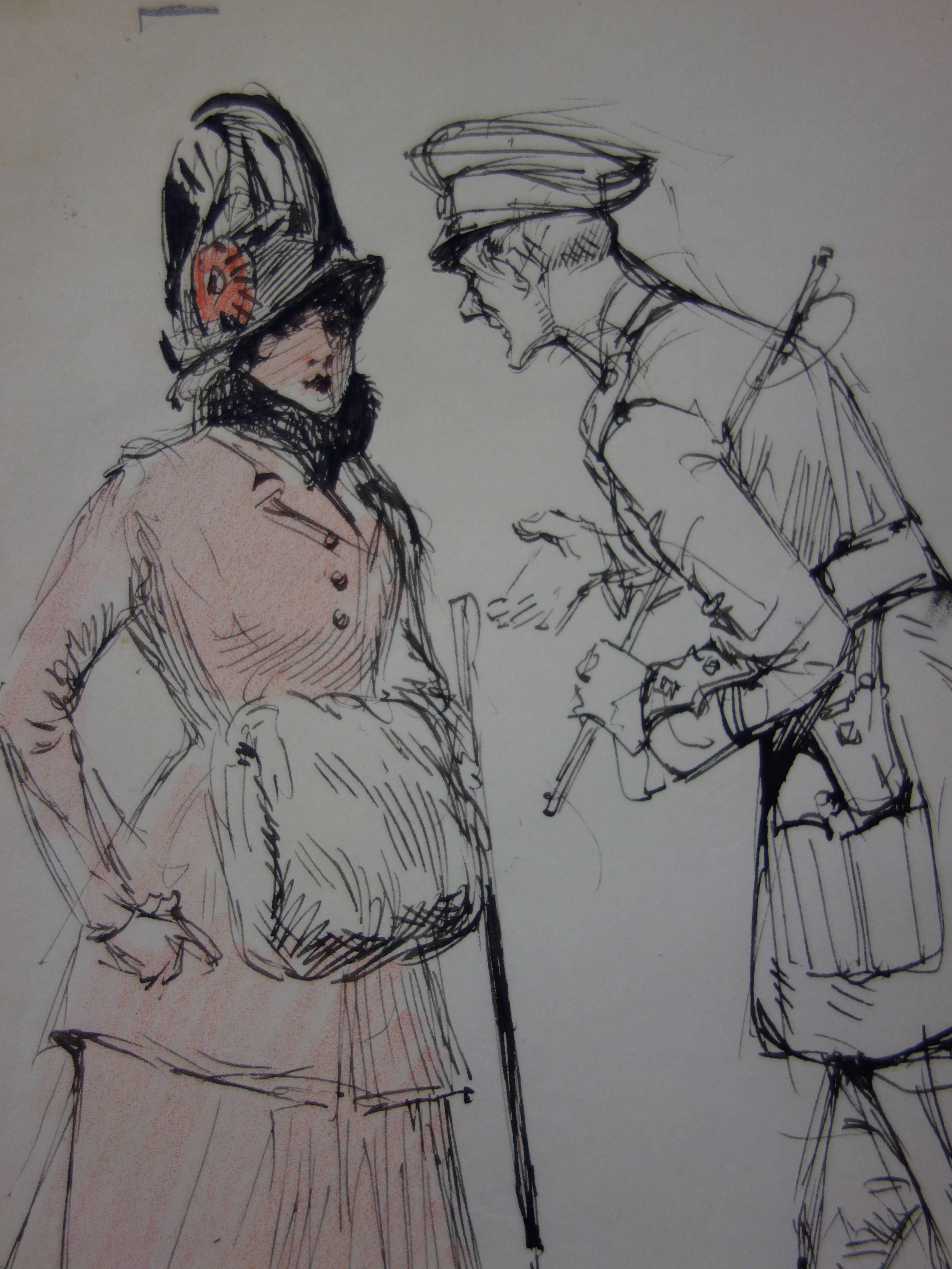 Französische Frau mit einem Offizier - Tuschezeichnung - 1916 (Akademisch), Art, von Georges Conrad